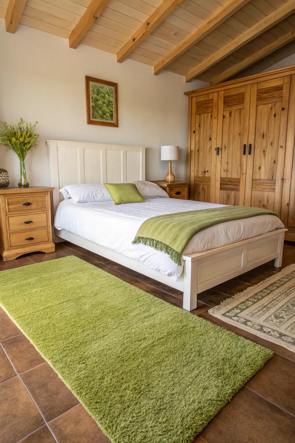A green floor covering secures the room and adds warmth underfoot.