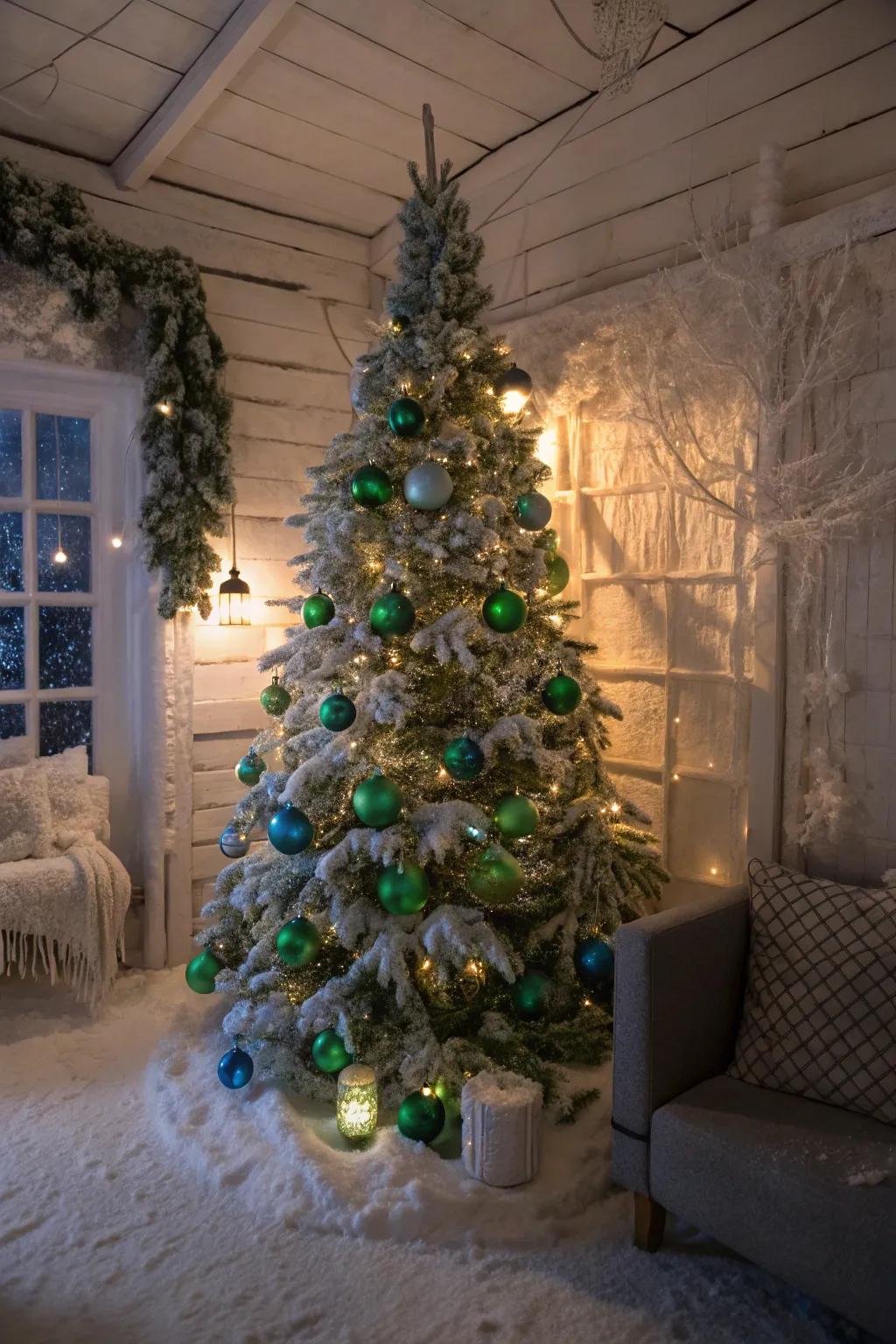 Frosty winter vibes showcasing green and azure adornments.