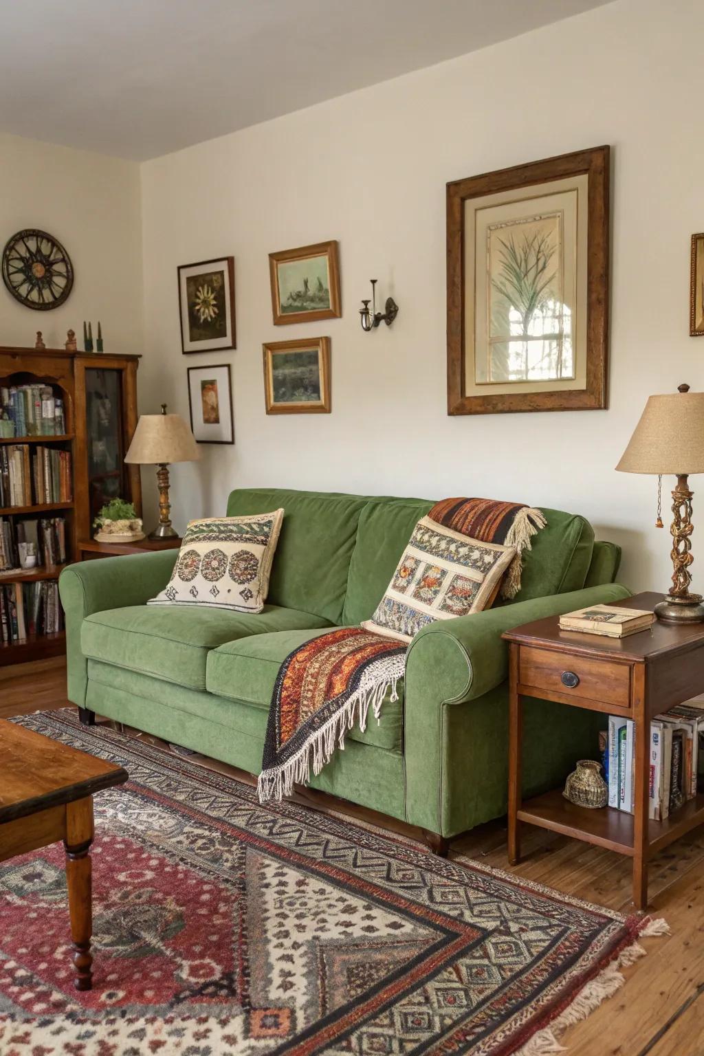 Classic finds inject depth and personality into a living space with a green sofa.