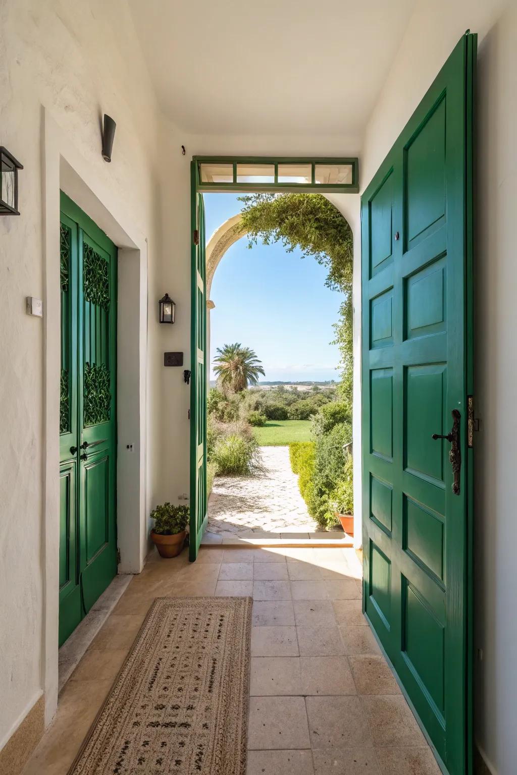 A green entryway creates a seamless interior-exterior connection.