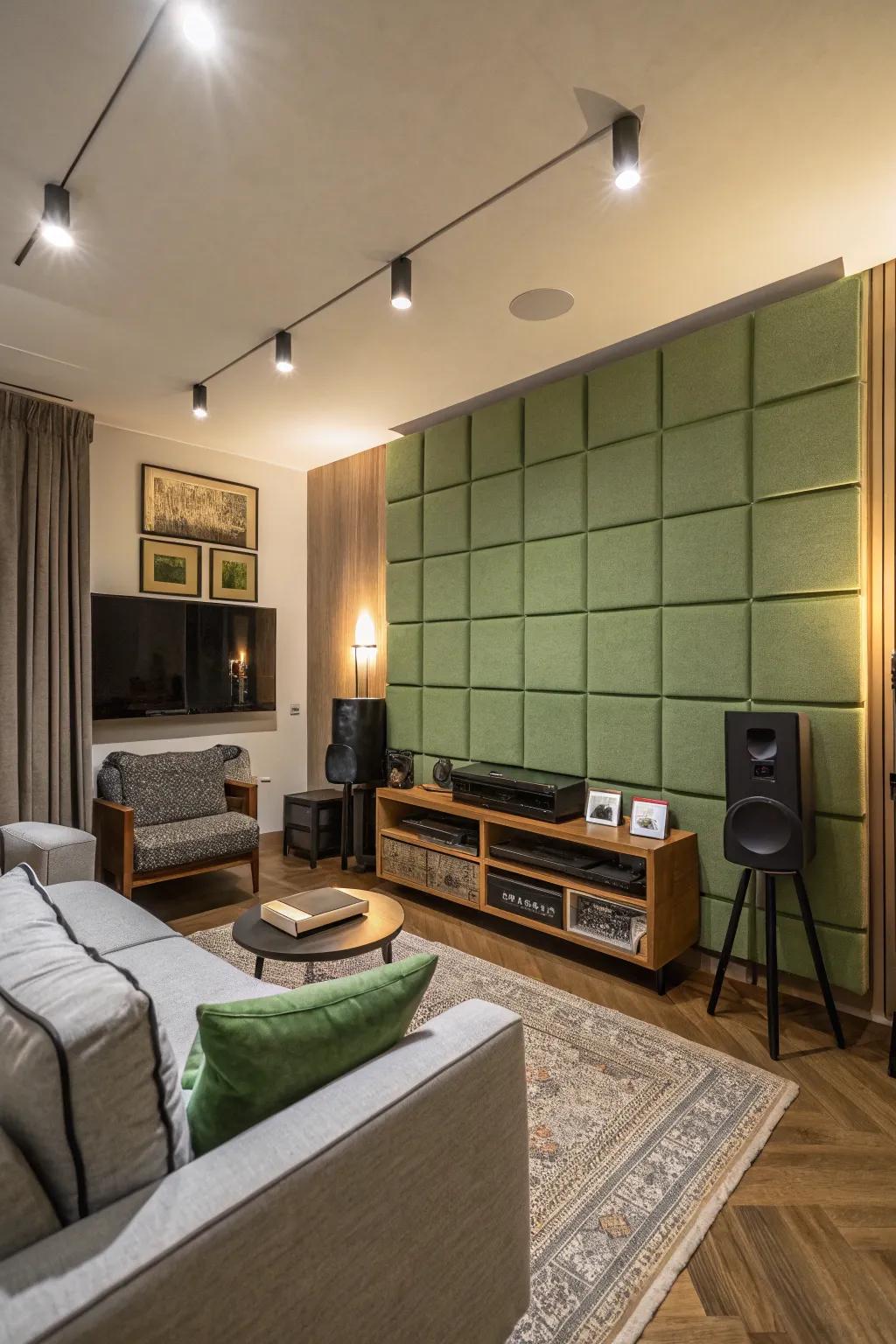 Green sound dampening boards enhance design and acoustic performance.