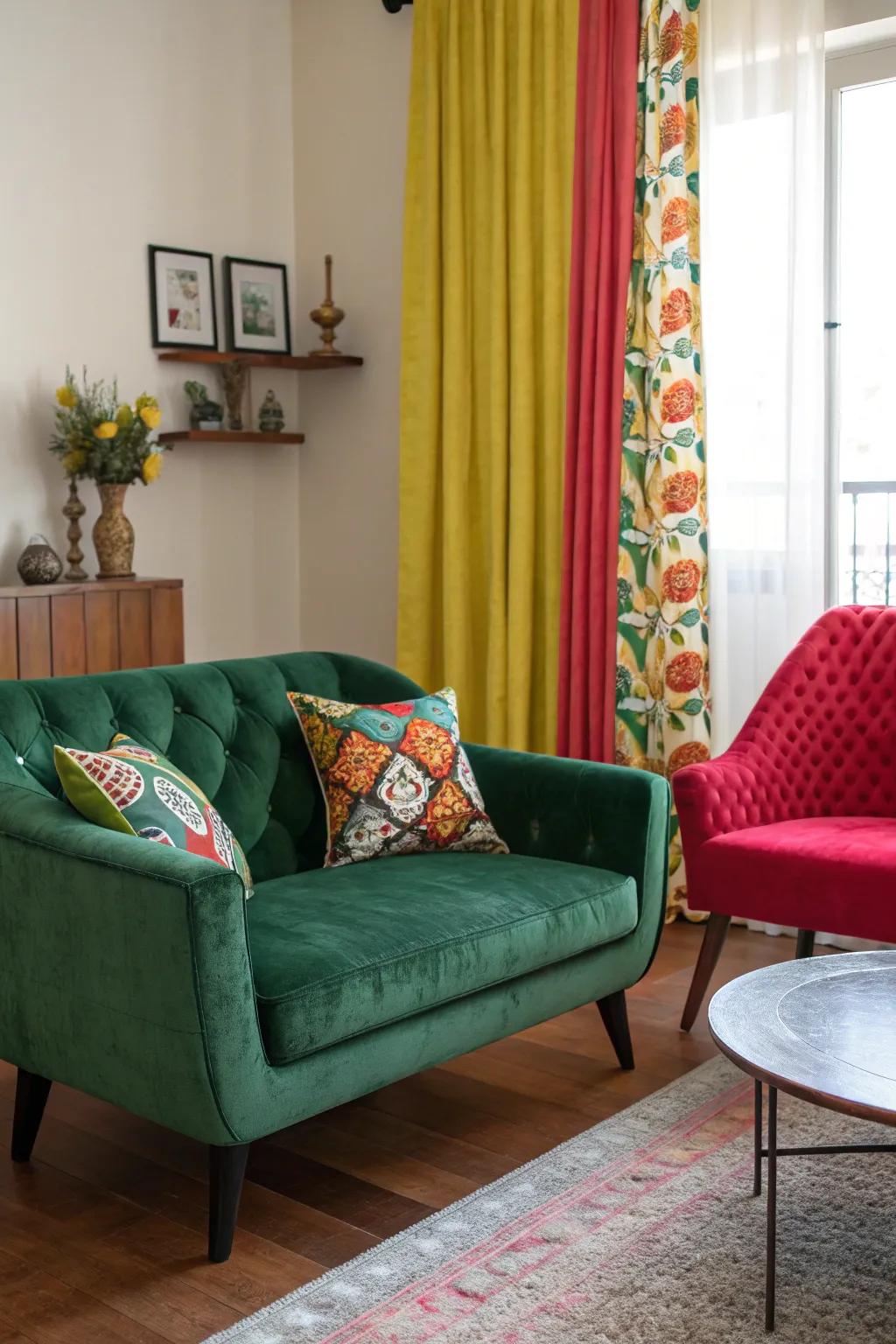 A playful living space featuring a green velvet sofa and vibrant details.