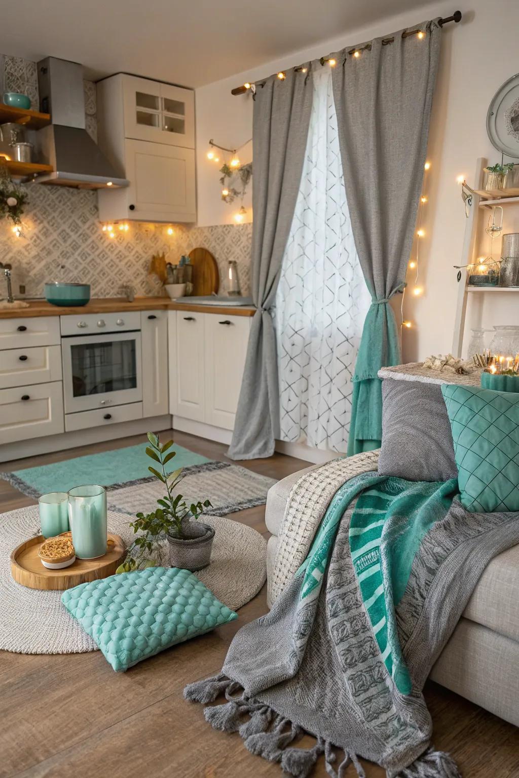 Textiles in grey and aqua add warmth and texture.