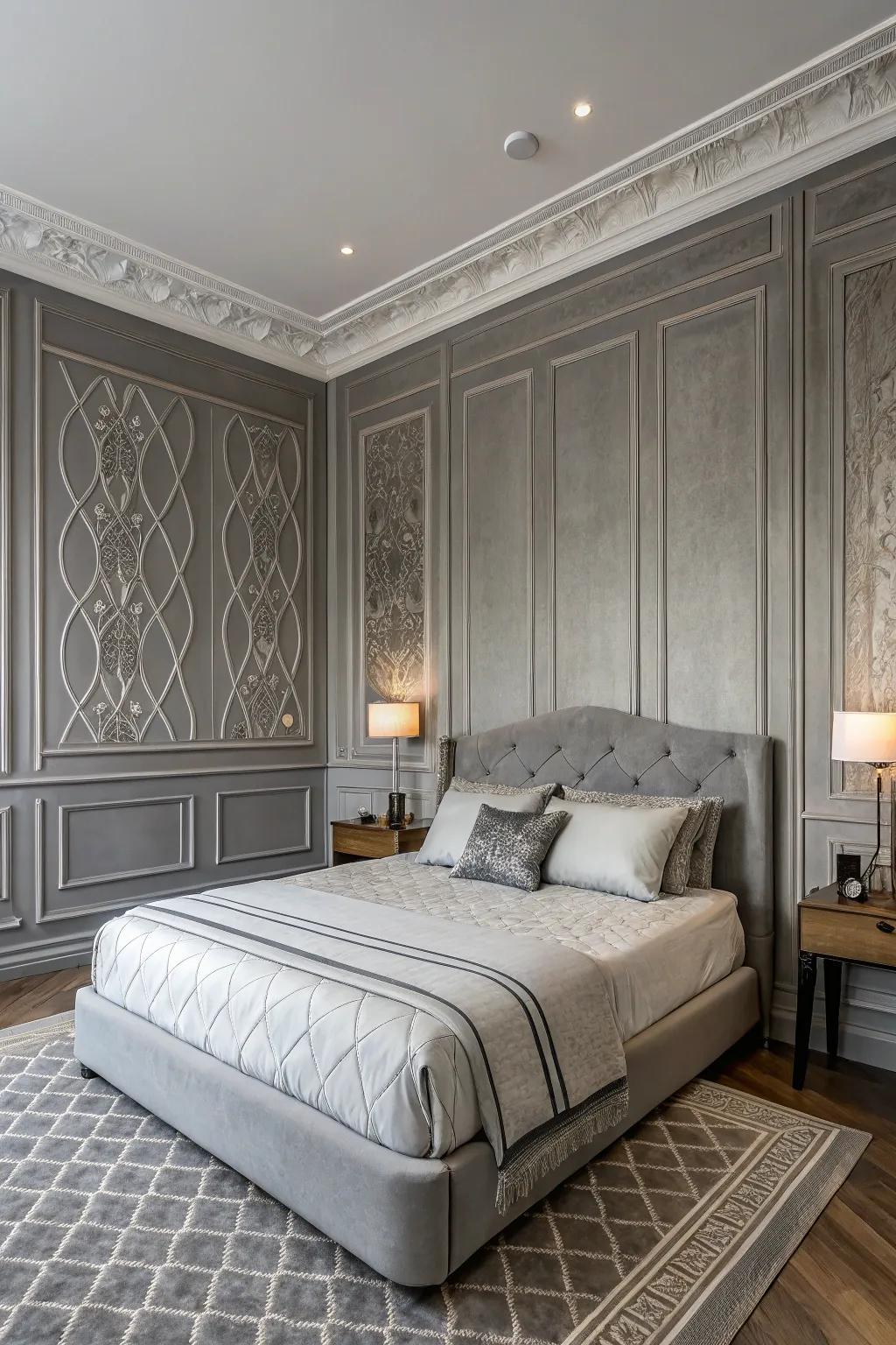 Grey paneling enhances charm and texture.