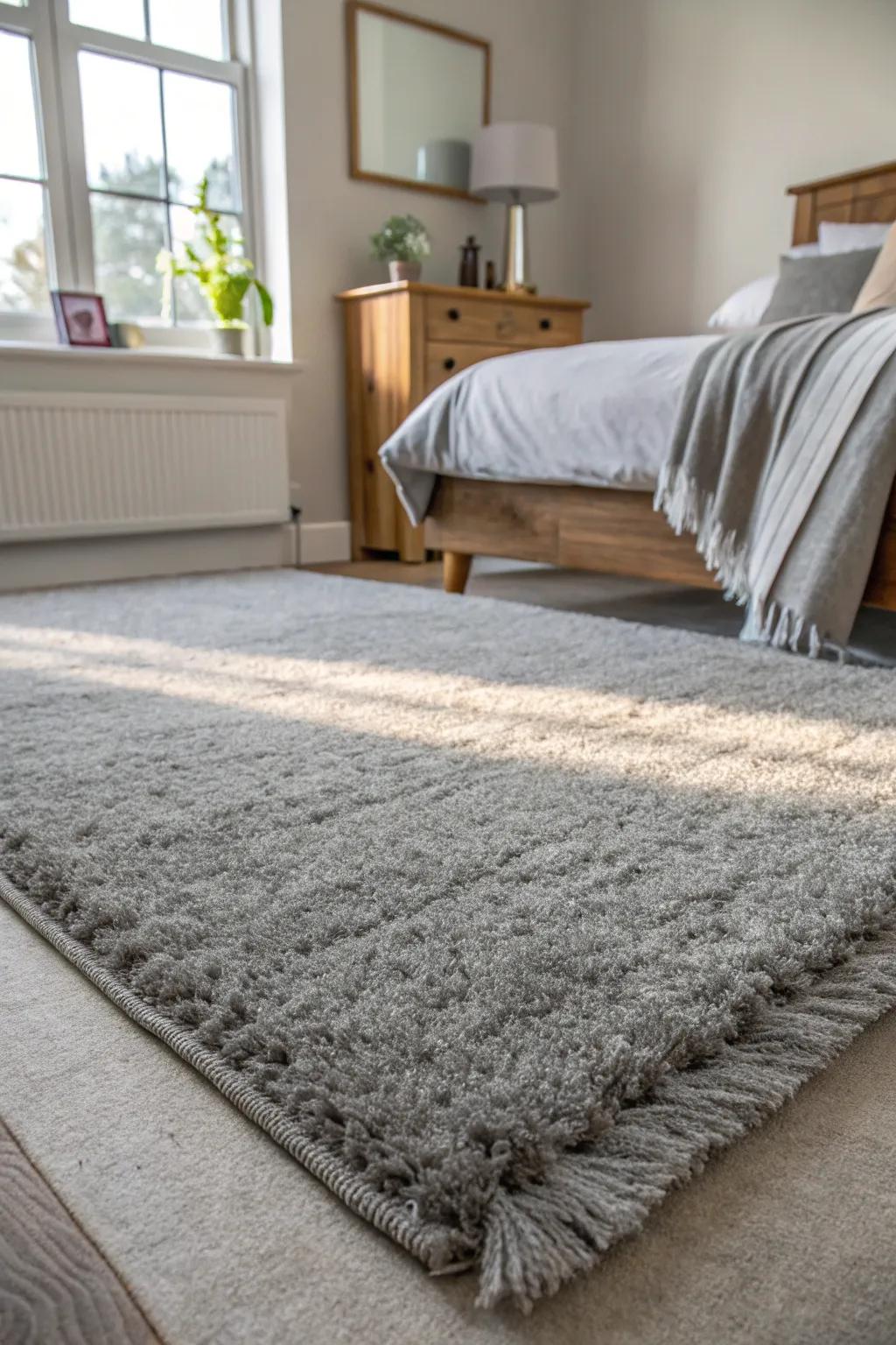Layering grey on grey enhances the sophistication and depth of the bedroom.