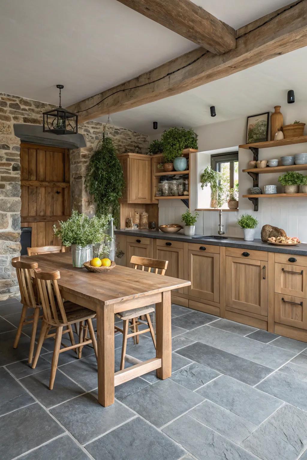 Grey stone finish flooring adds natural charm to this rustic kitchen.
