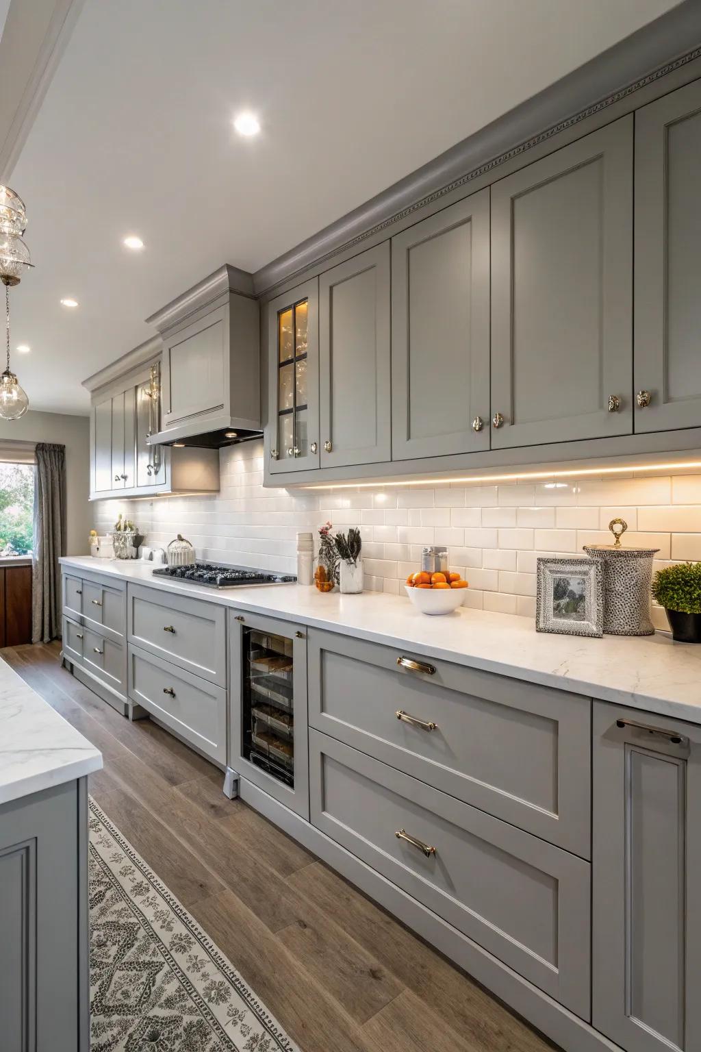 Grey and white combine for a classic, timeless kitchen look.