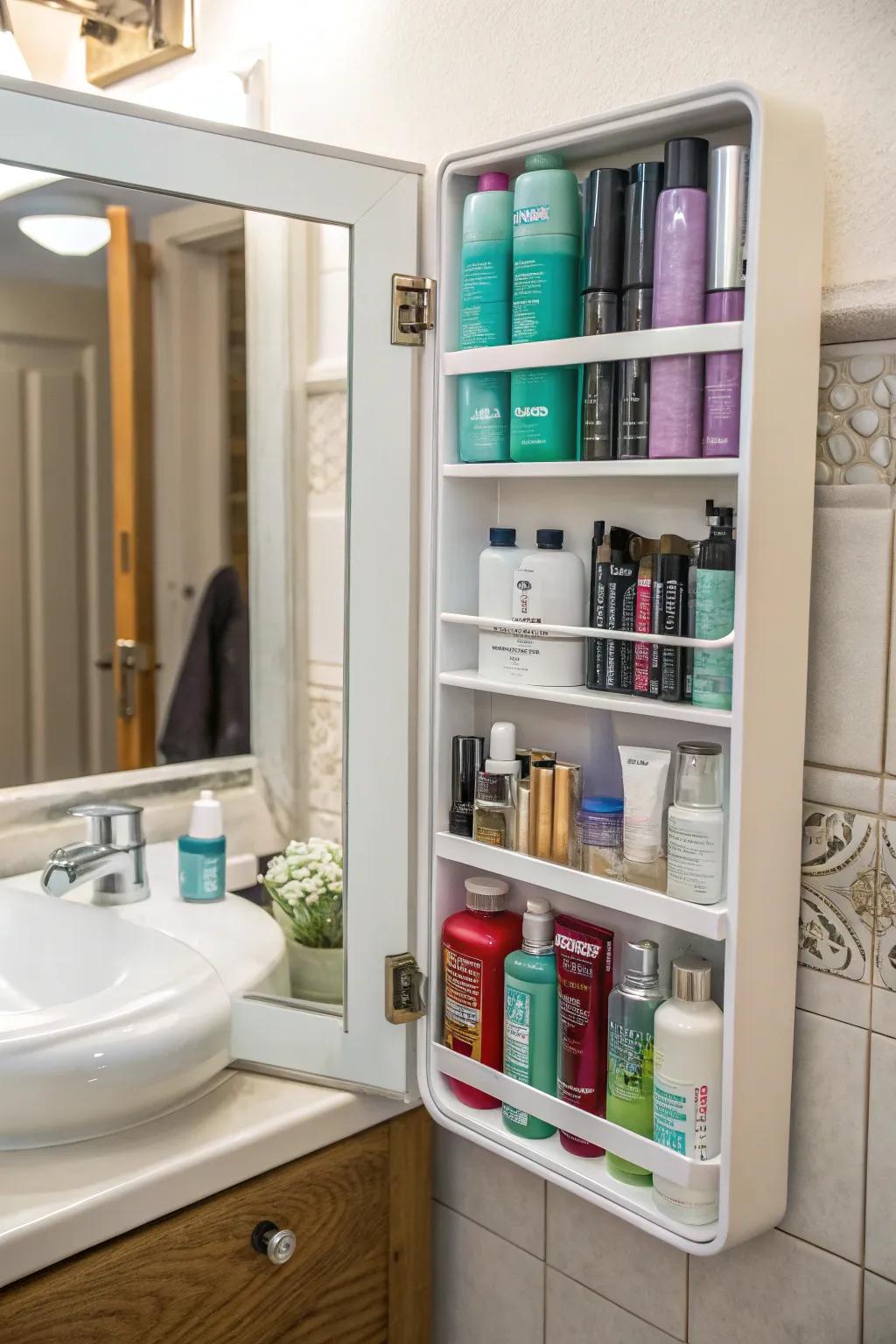Sleek hidden storage behind the mirror for a clutter-free appearance.