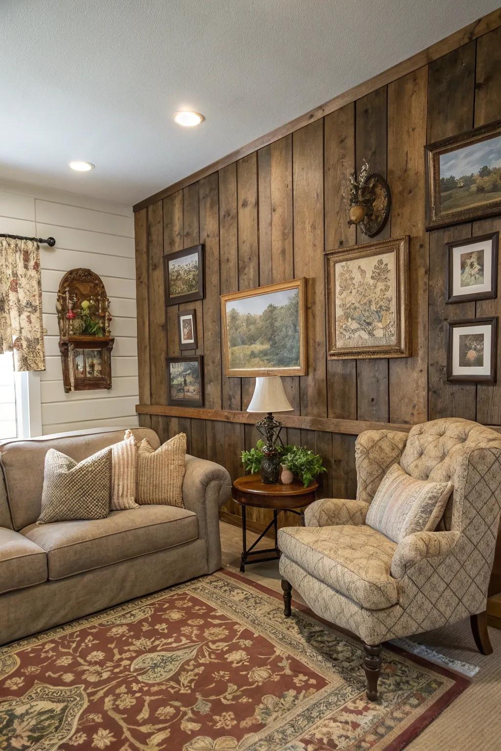 Summon nostalgia via weathered timber paneling.