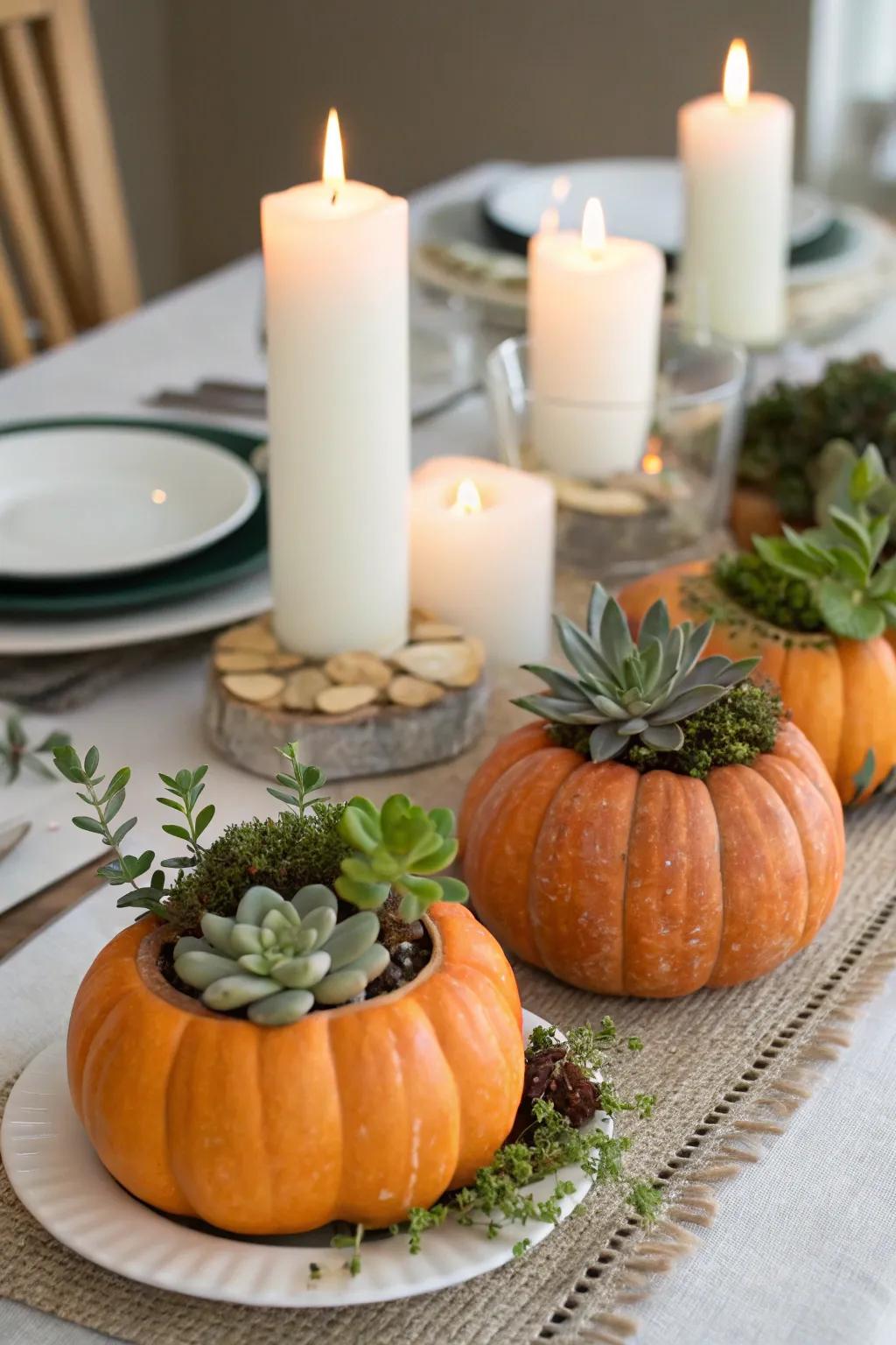 Jack-o'-lantern plant holders serve as one-of-a-kind centerpieces