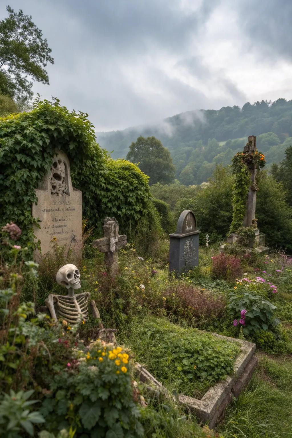 Transform your garden into a graveyard utilizing skeletal figures and memorial markers.