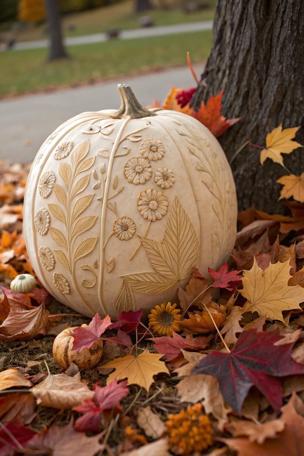 Floral sculptures bring a touch of nature’s elegance to your pumpkin.