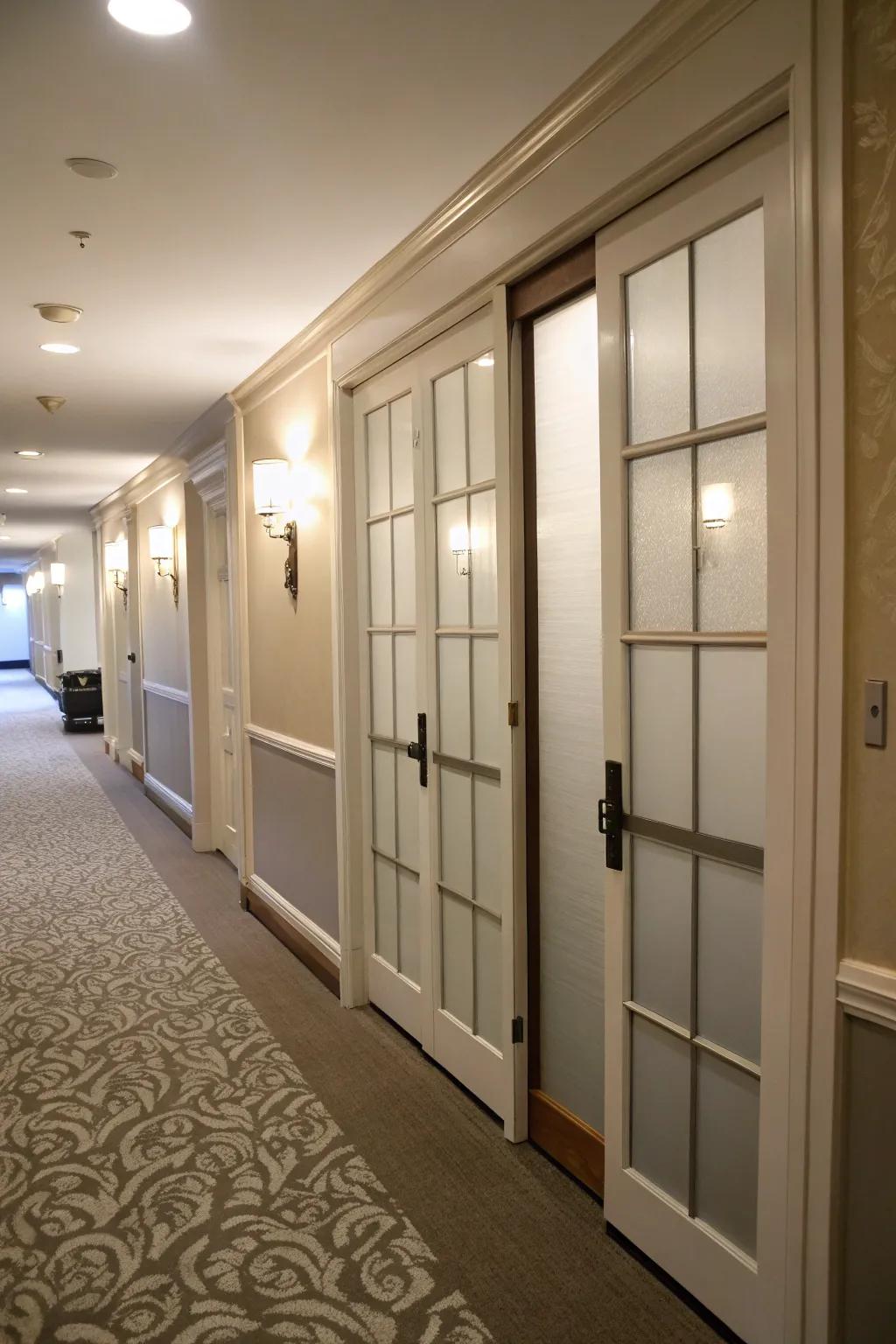 Maintain privacy using fashionable frosted glass closet doors.