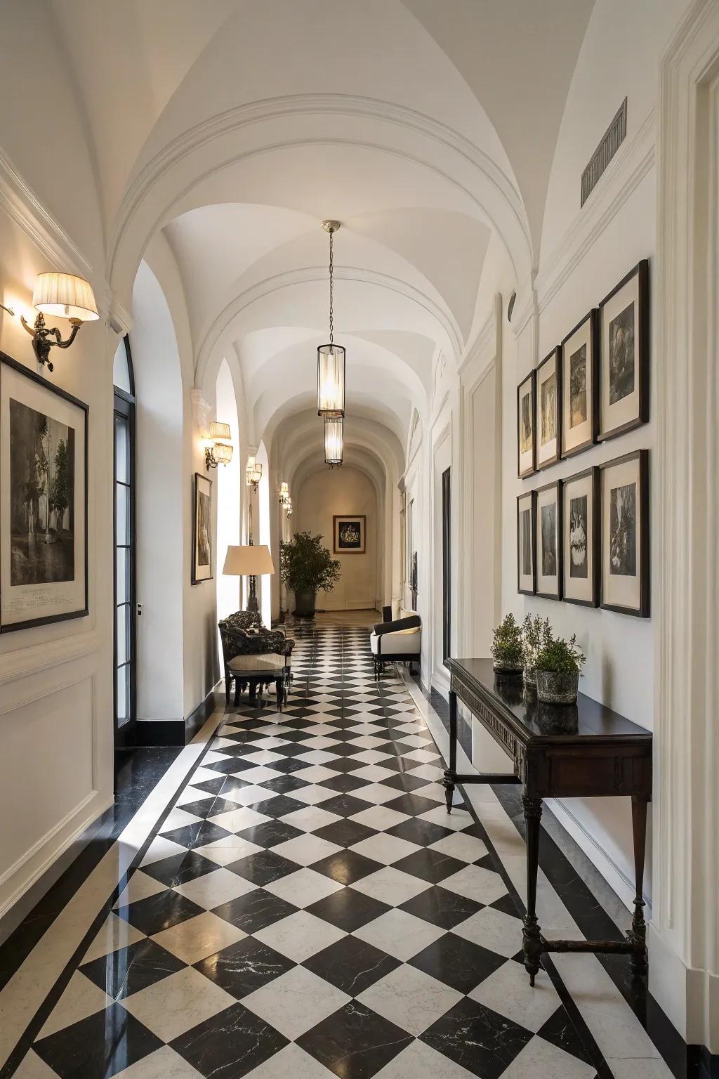 Black and white provides timeless elegance to hallway designs.