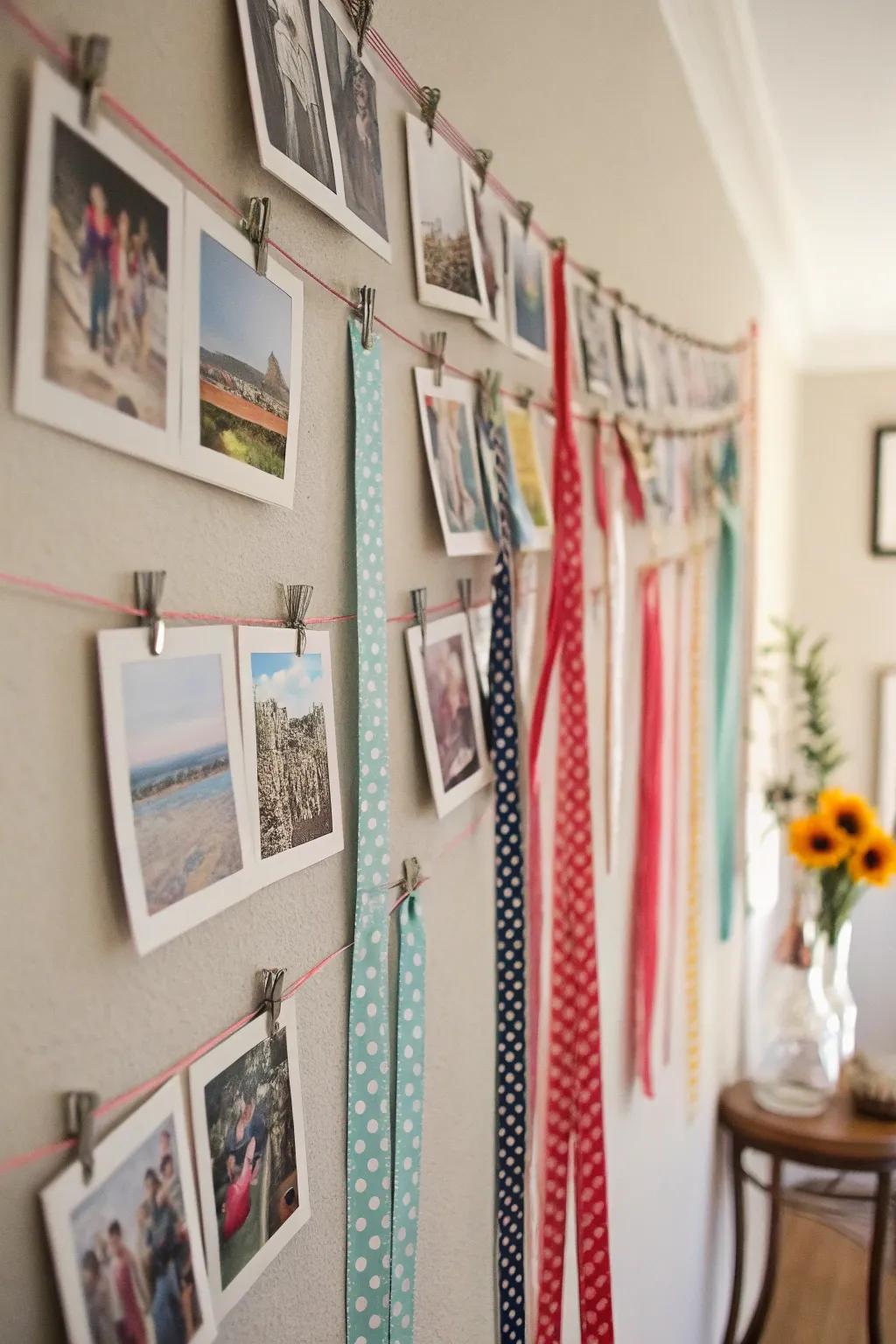 A whimsical and eclectic photo display featuring a mix of ribbons.