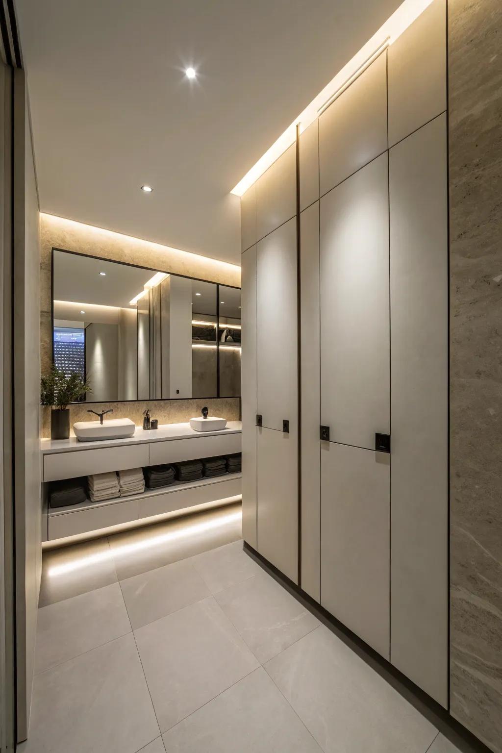 Architectural lines in a bathroom concealing storage solutions.