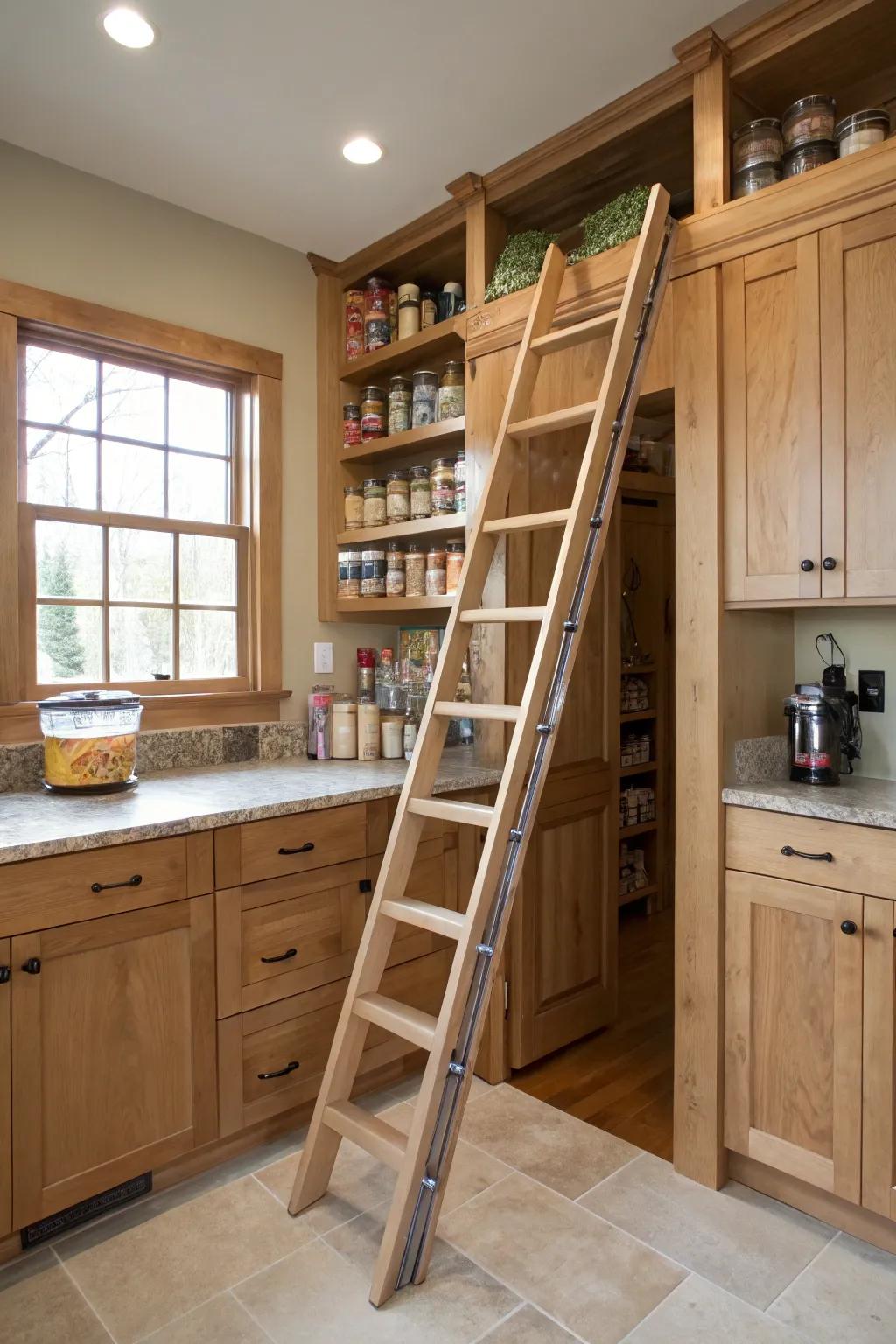 A sliding ladder provides access to high racks in a hidden pantry.