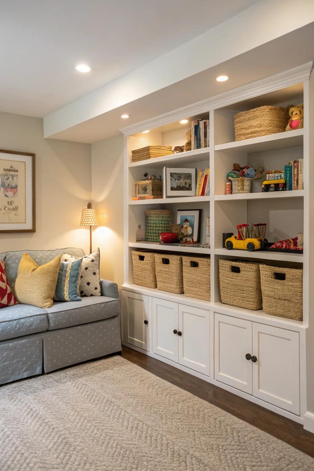 Utilizing nooks for hidden toy storage.