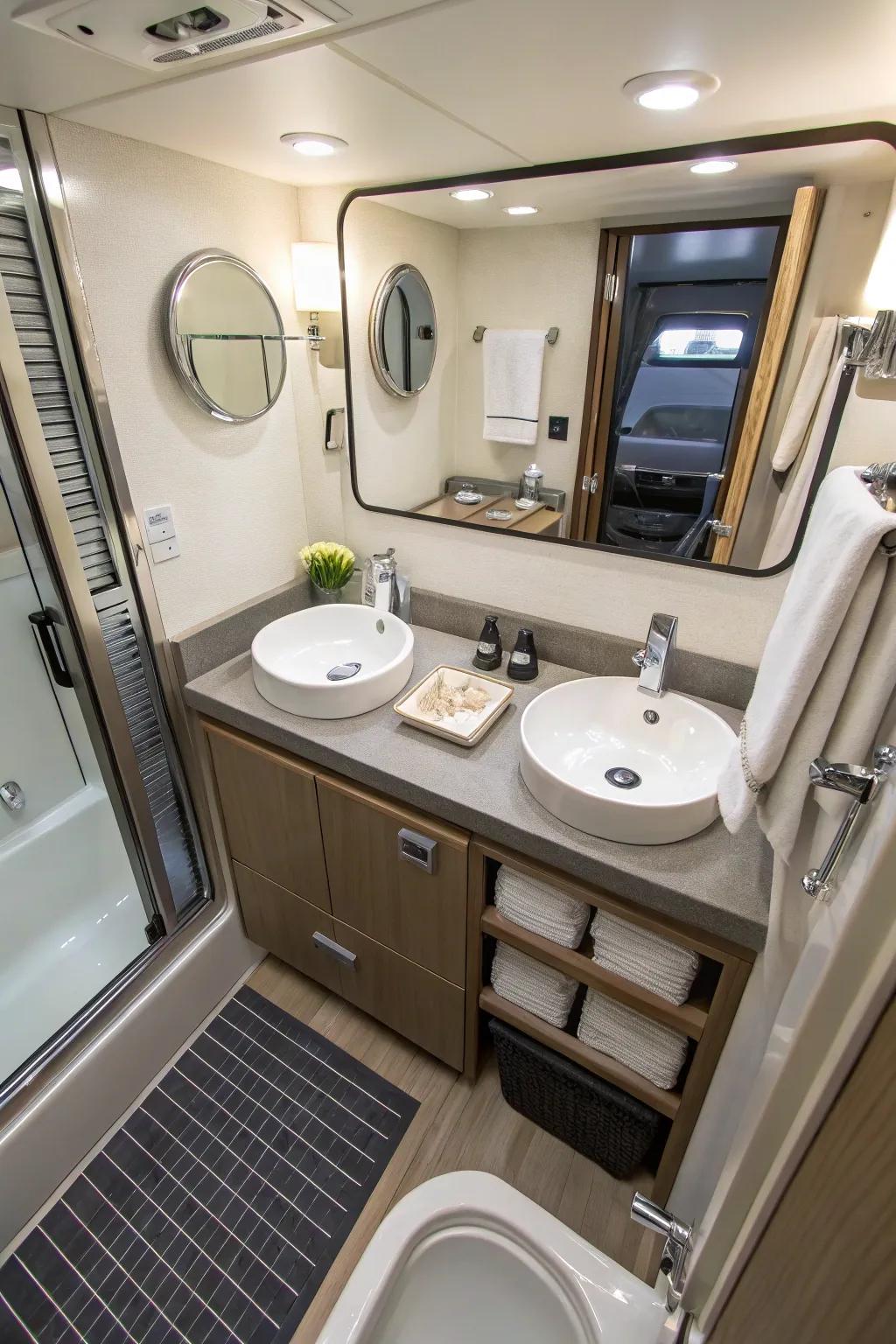 A smartly designed bathroom maximizing the use of limited space.