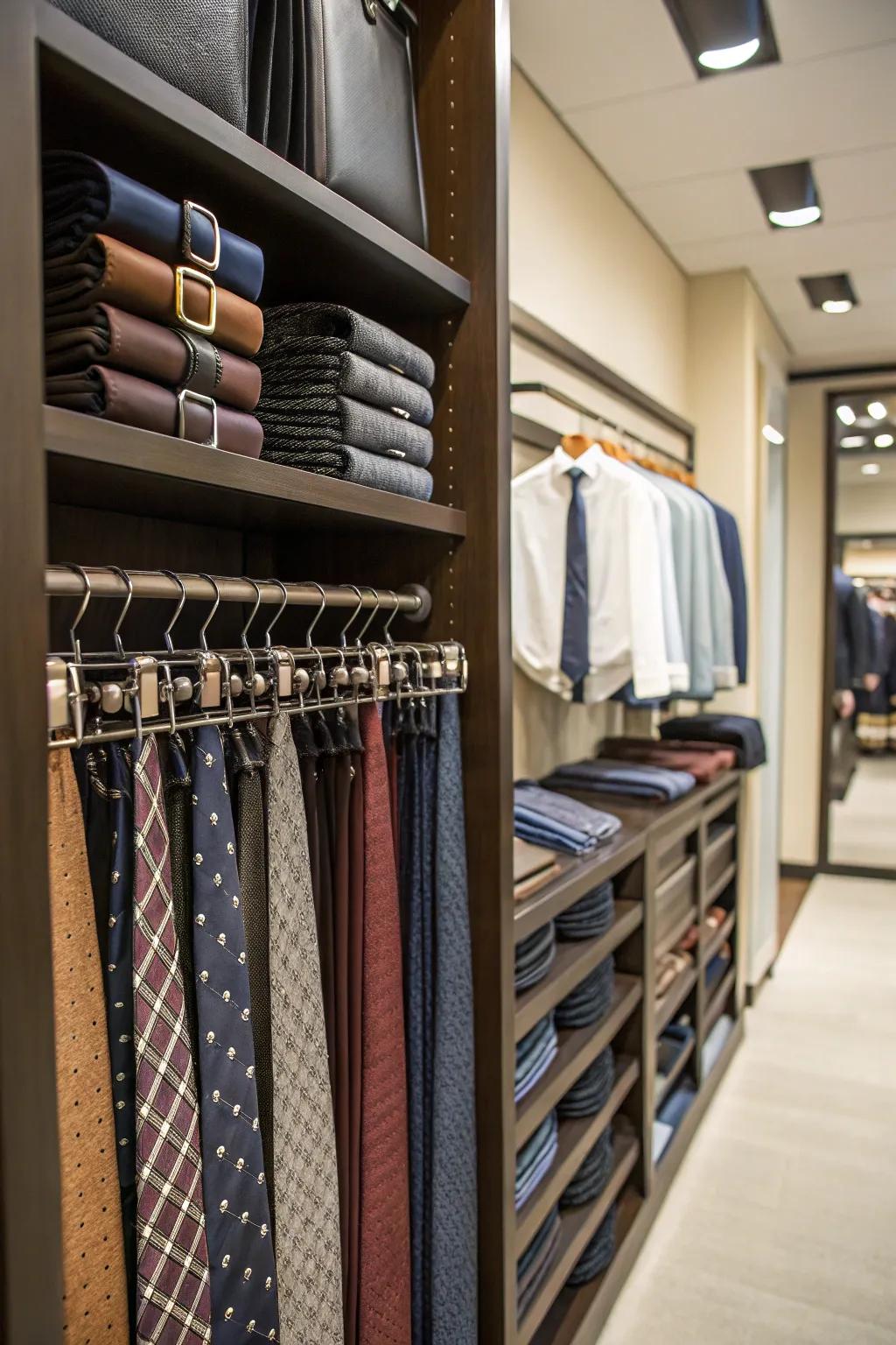 Use specialized racks to keep ties and belts neatly arranged.