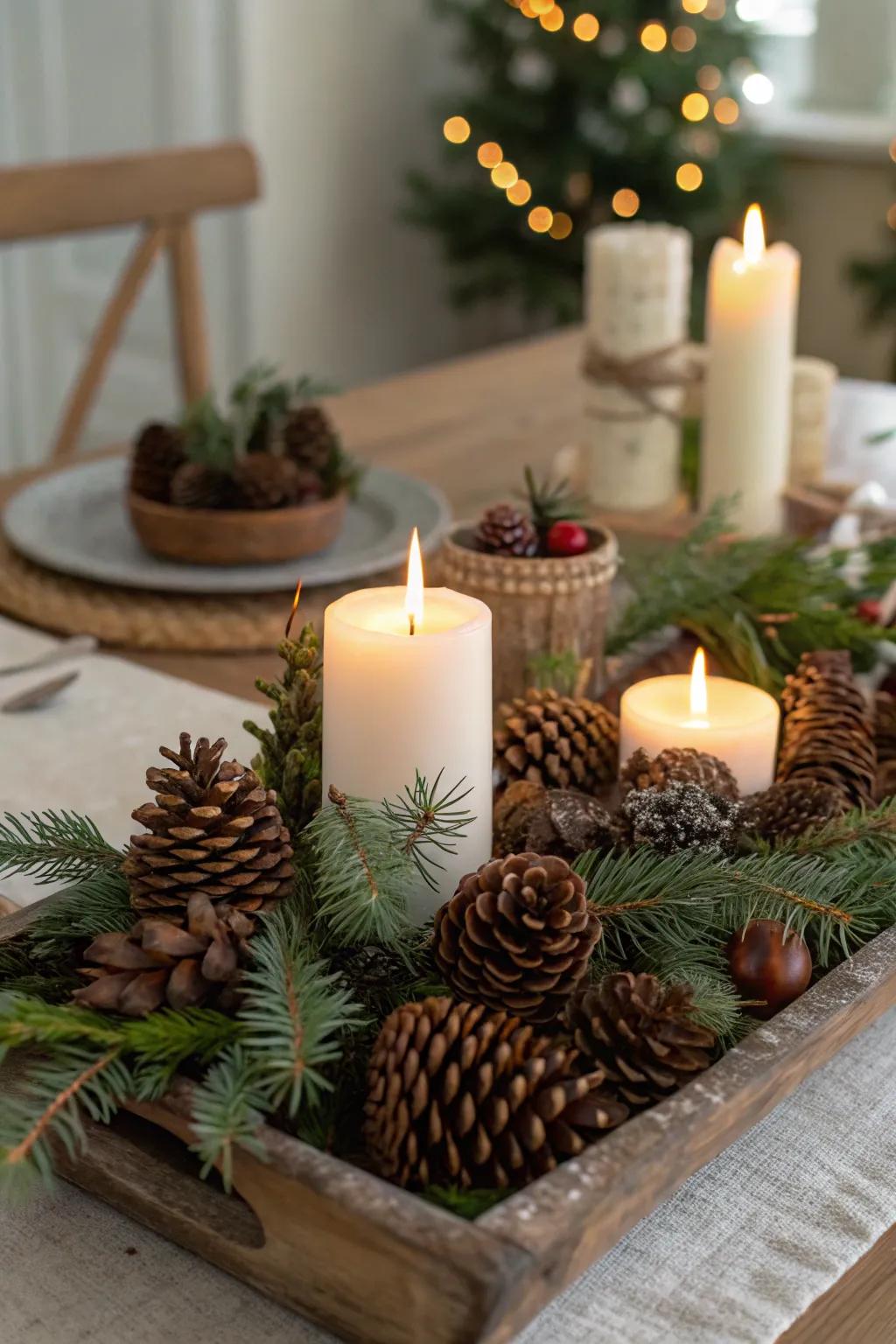 Natural components create a rustic holiday arrangement.