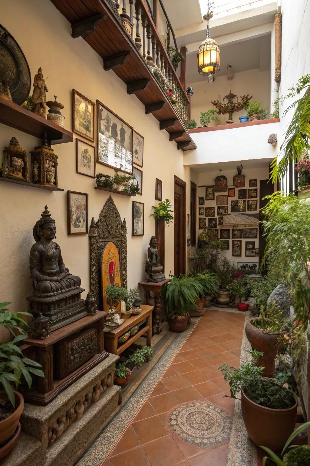 Cultural elements adding depth and character to an atrium.
