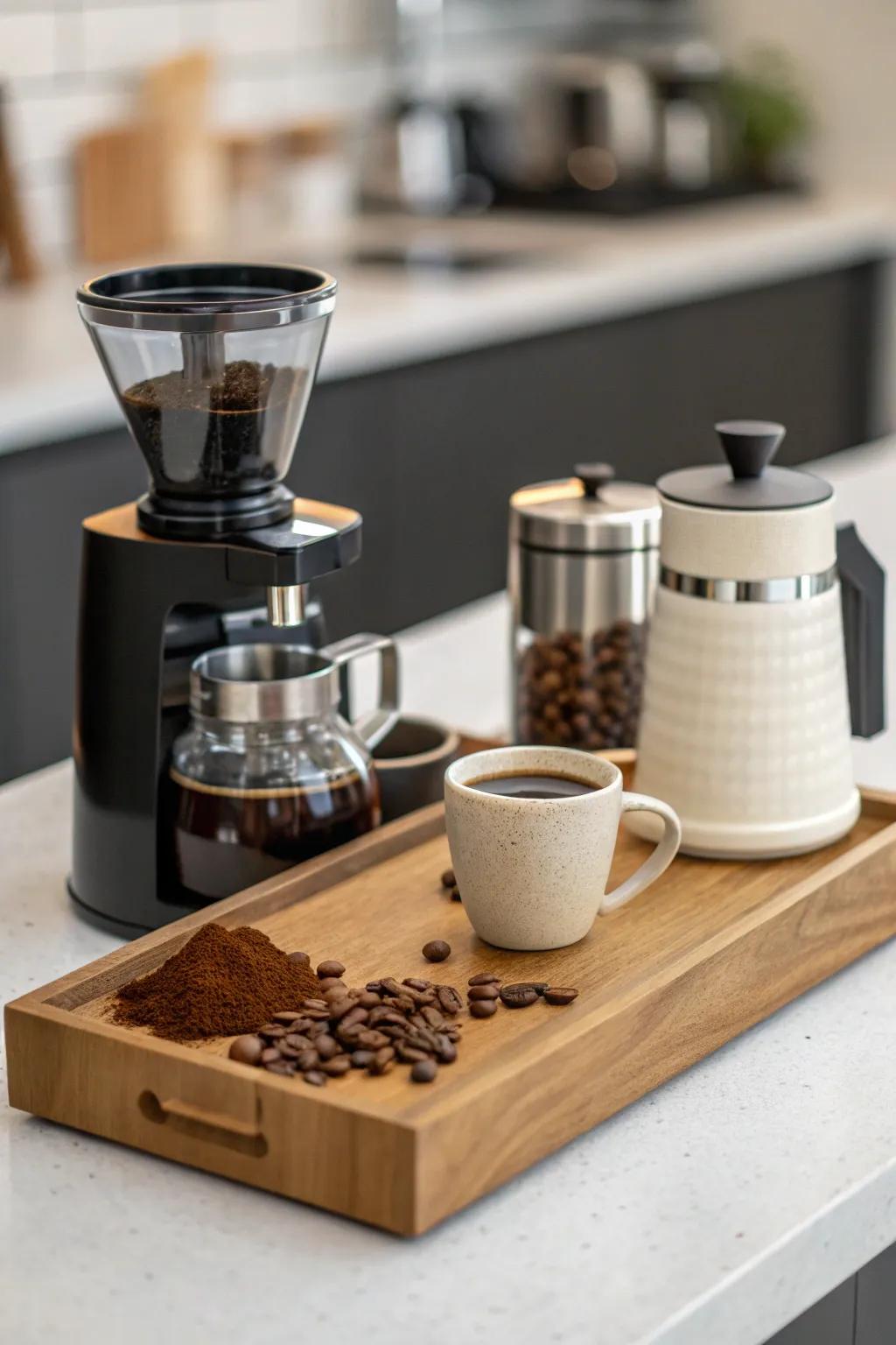 A minimalist coffee station offers a peaceful and focused space for coffee enthusiasts.