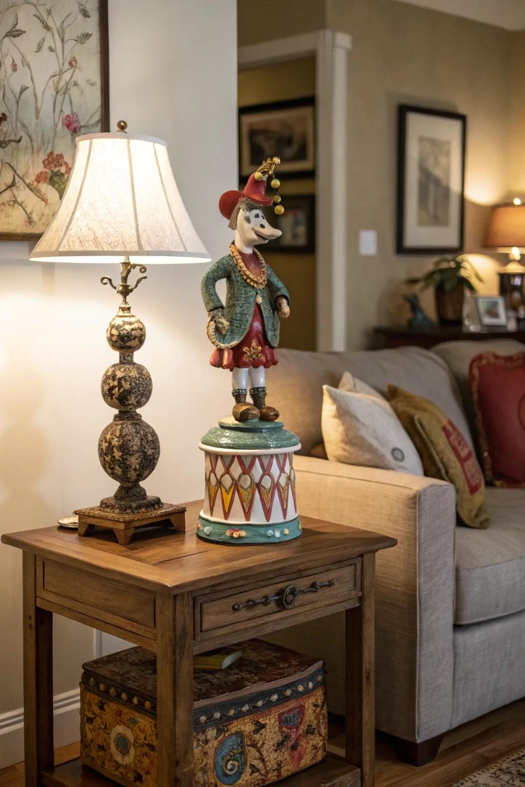 A whimsical sculpture serving as a lively focal point in the living space.