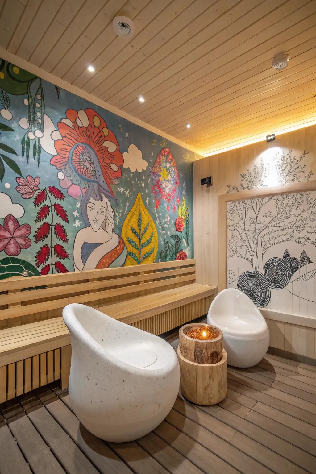 This sauna is made more inviting by the addition of creative details and warmth.