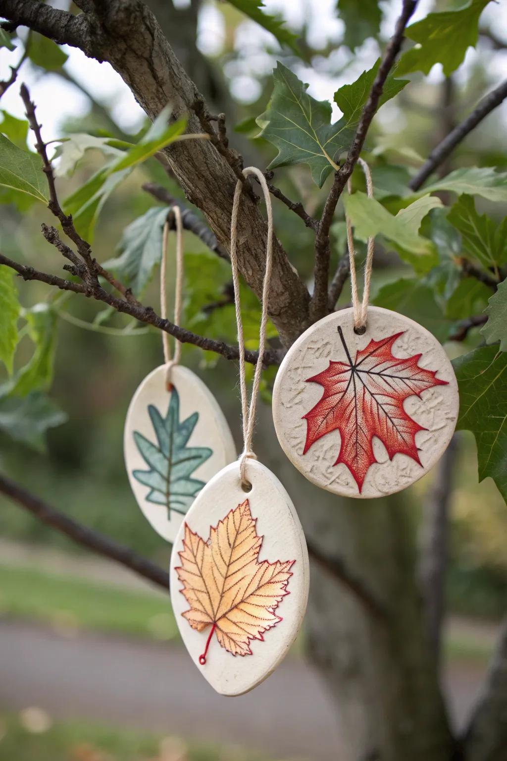 Clay foliage print decorations capturing the essence of nature on the tree.