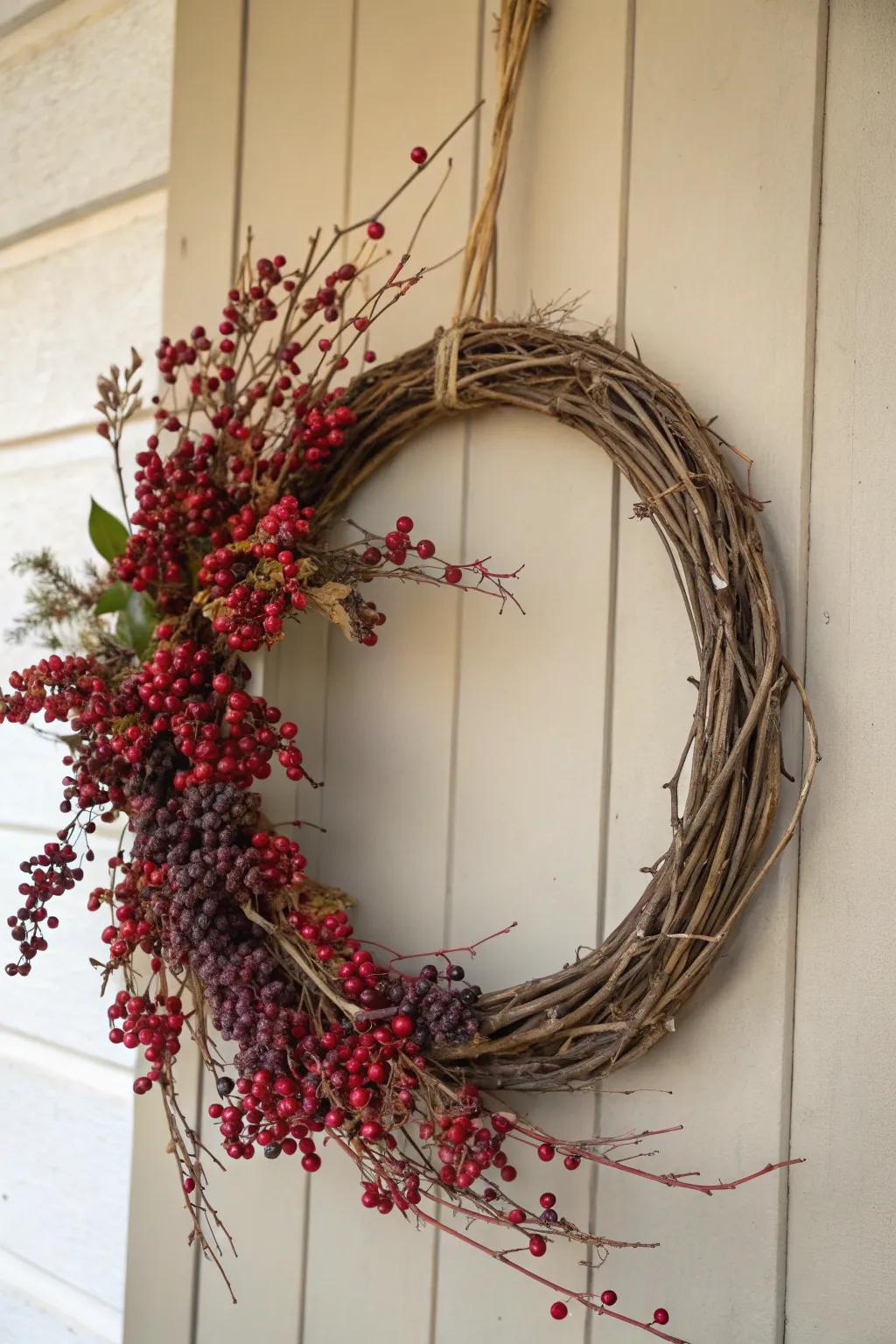 Welcome the seasons with a handcrafted climbing plant and fruit wreath, a harmonious blend of rustic elegance and natural charm.