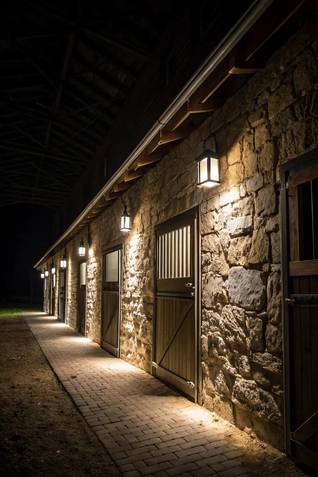 Up-lighting creates dramatic effects by illuminating barn features.