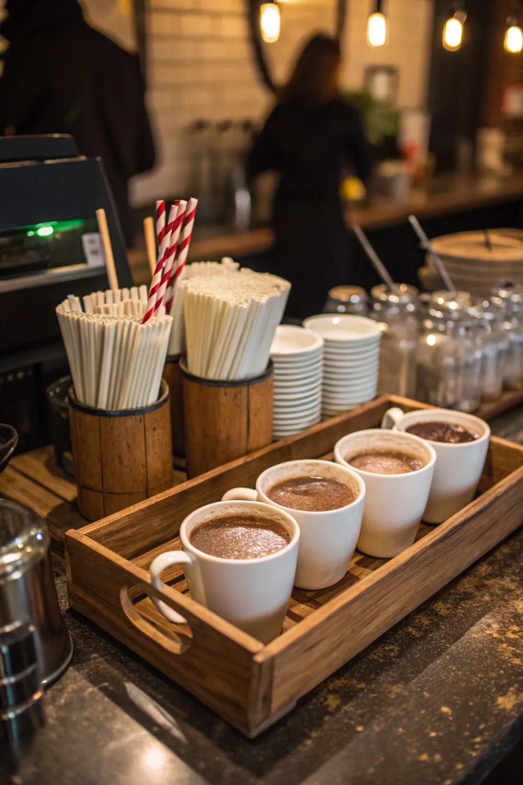 Sustainable components like reusable straws enhance your chocolate elixir station.