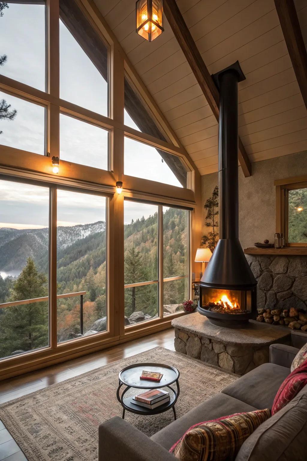 A suspended fireplace that creates a cozy atmosphere with breathtaking scenery.