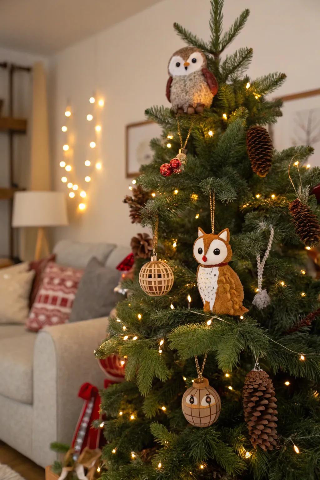 A whimsical Christmas tree inclusive of magical woodland being ornaments.
