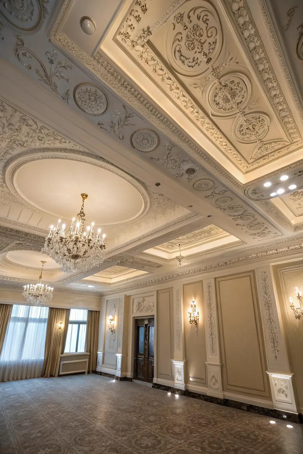 An elegant room showcasing intricate ceiling moulding.