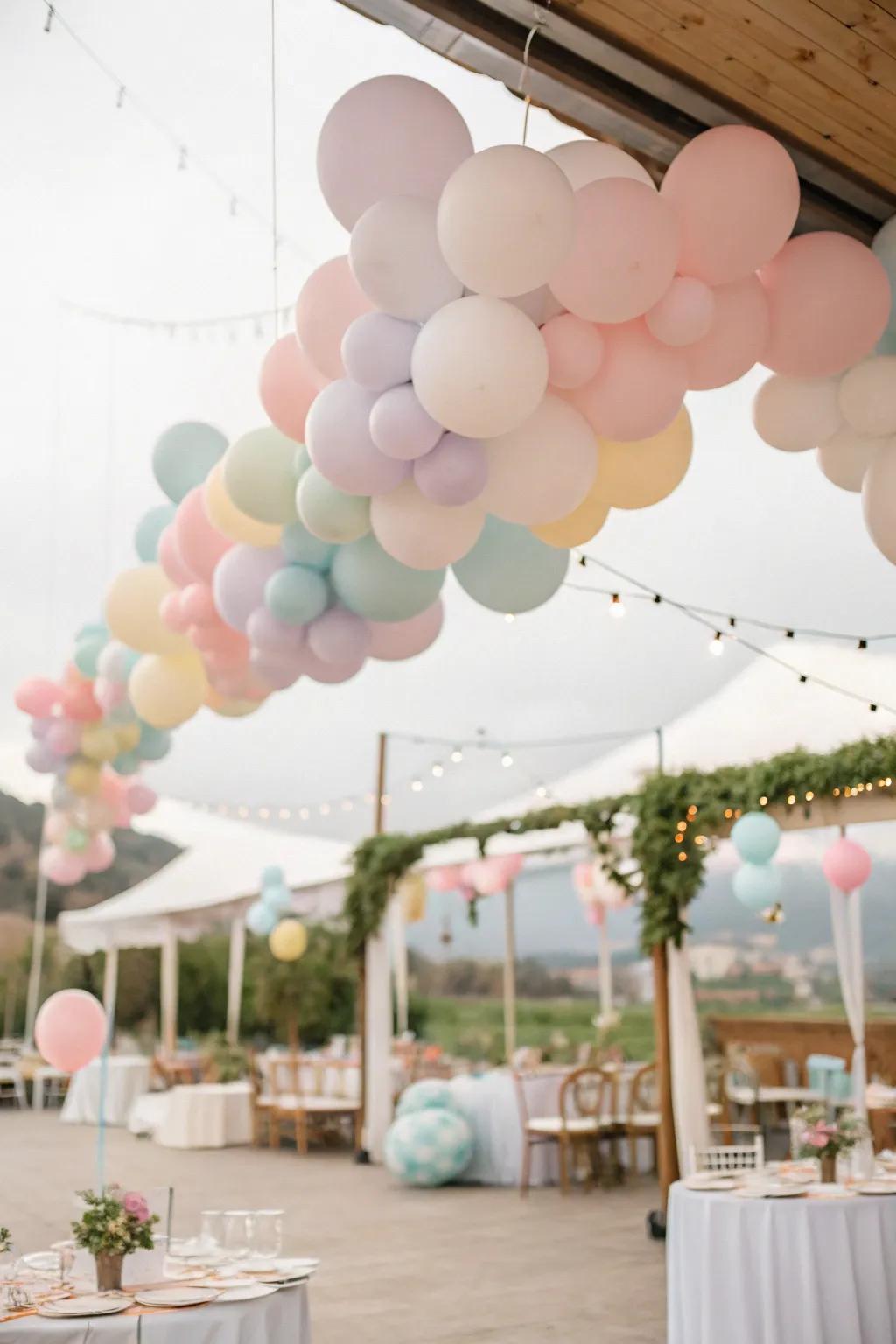 Balloon clouds fashion a whimsical and dreamy ambiance above the event space.