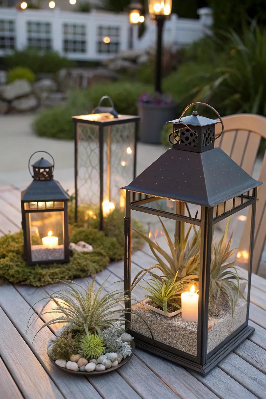 Decorative lanterns with air plants provide a cozy glow.