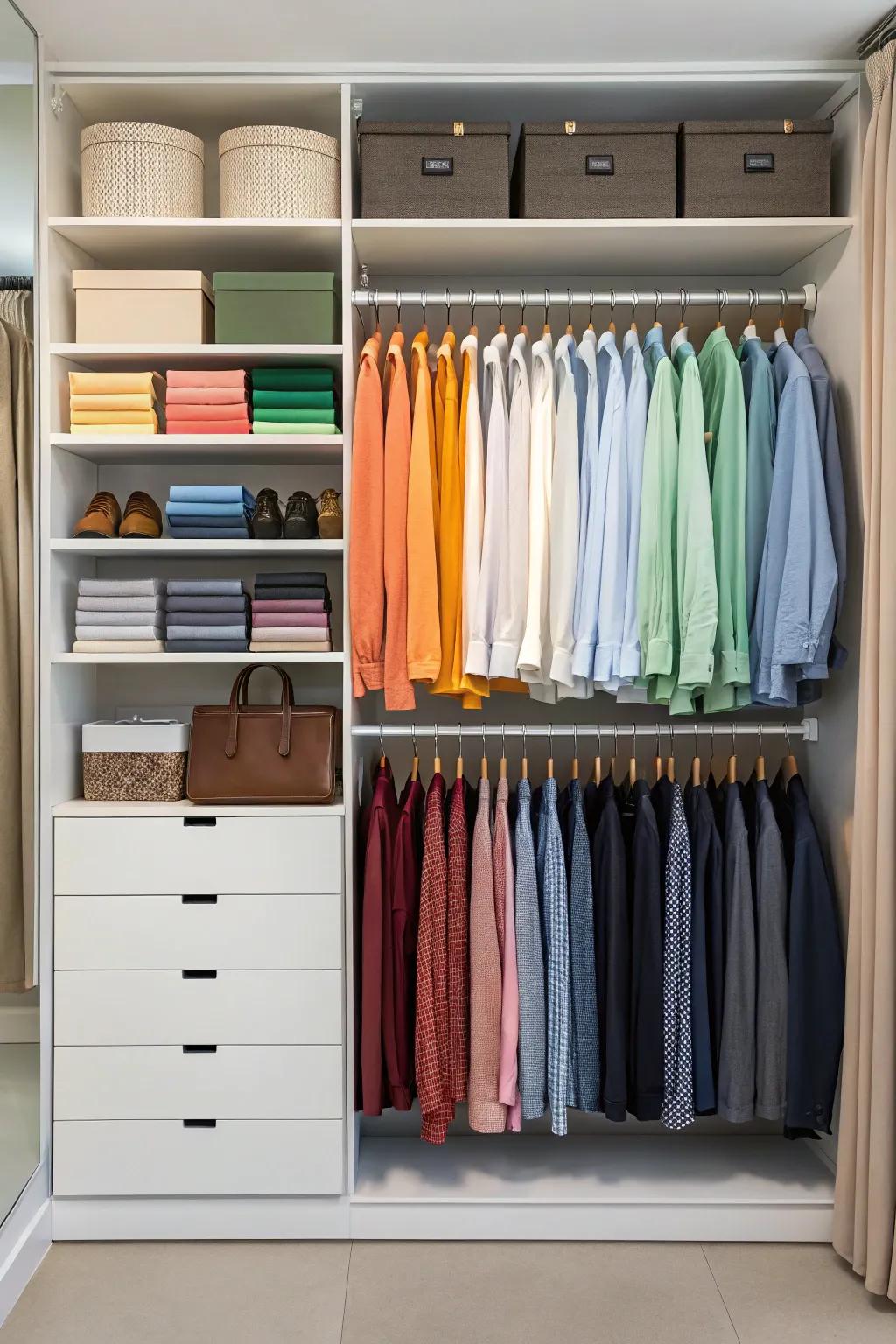 Clothes sorted by color for a neat aesthetic.