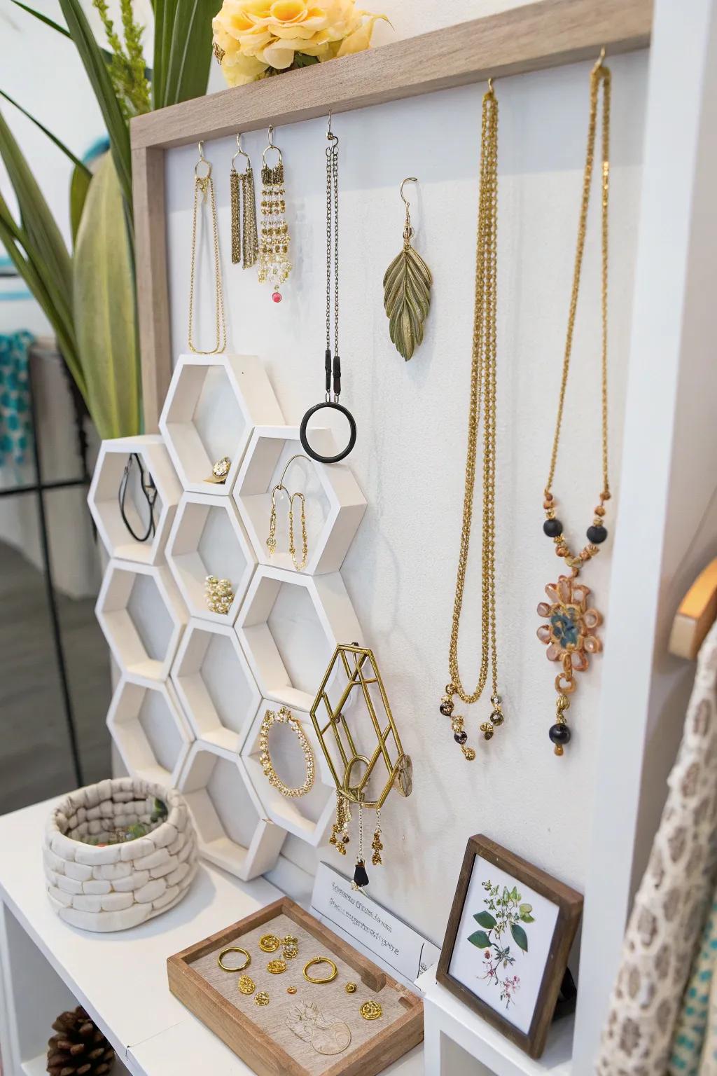 Combine function and art with honeycomb wall hooks.