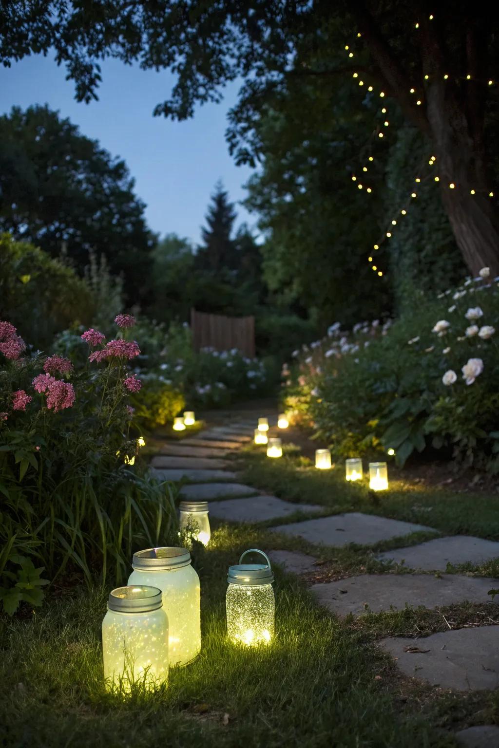 Glow-in-the-dark jars create a magical ambiance after sunset.