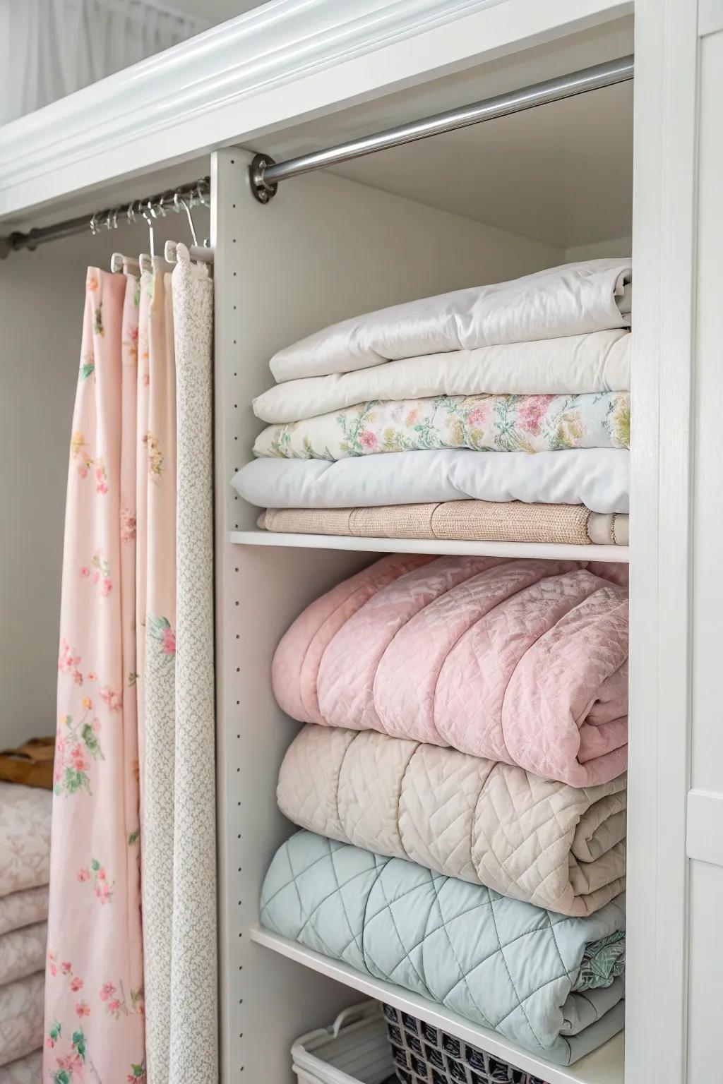 Comforters hanging over a curtain rod in a closet.