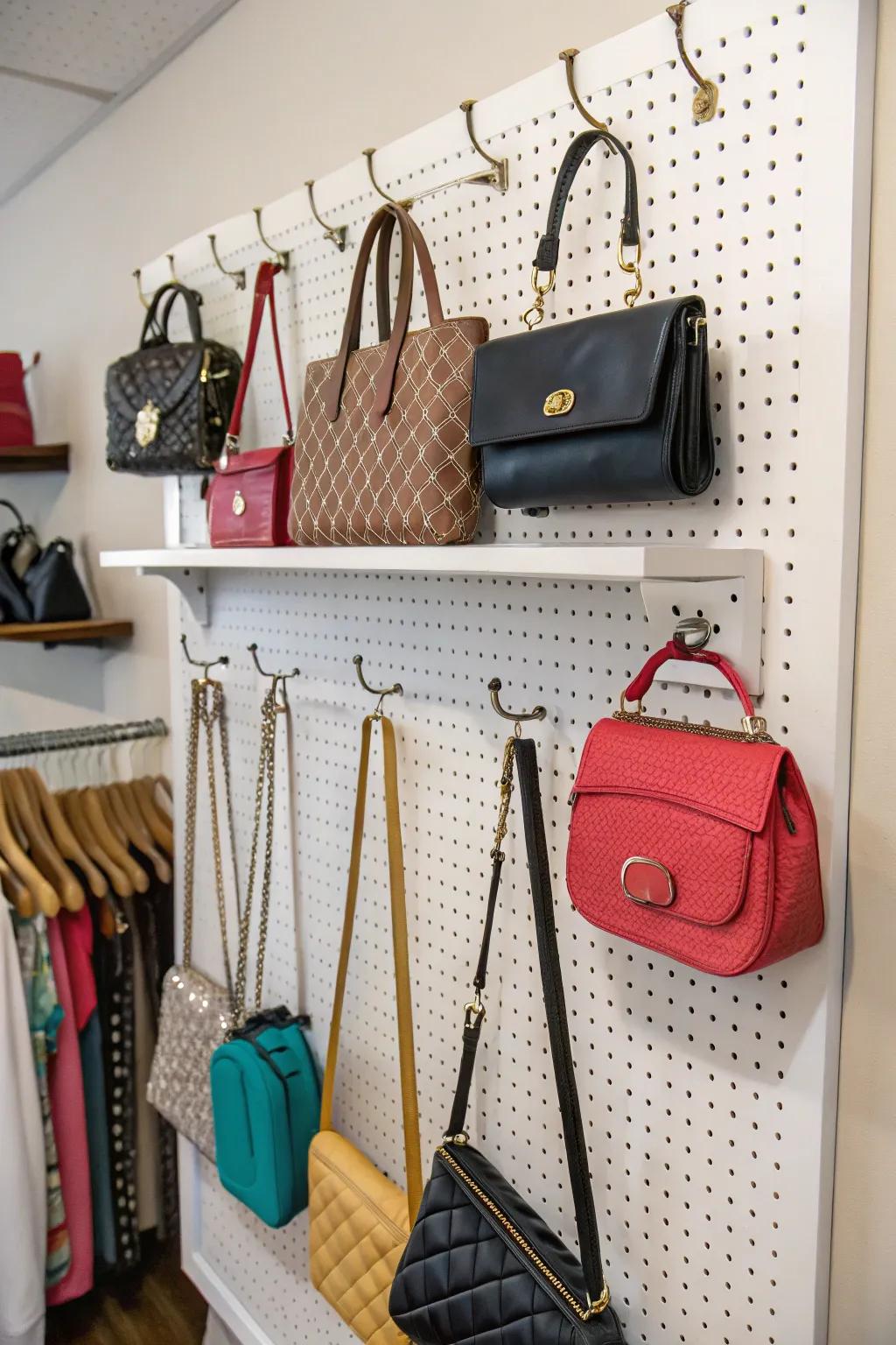 A pegboard wall providing flexible and creative purse storage options.
