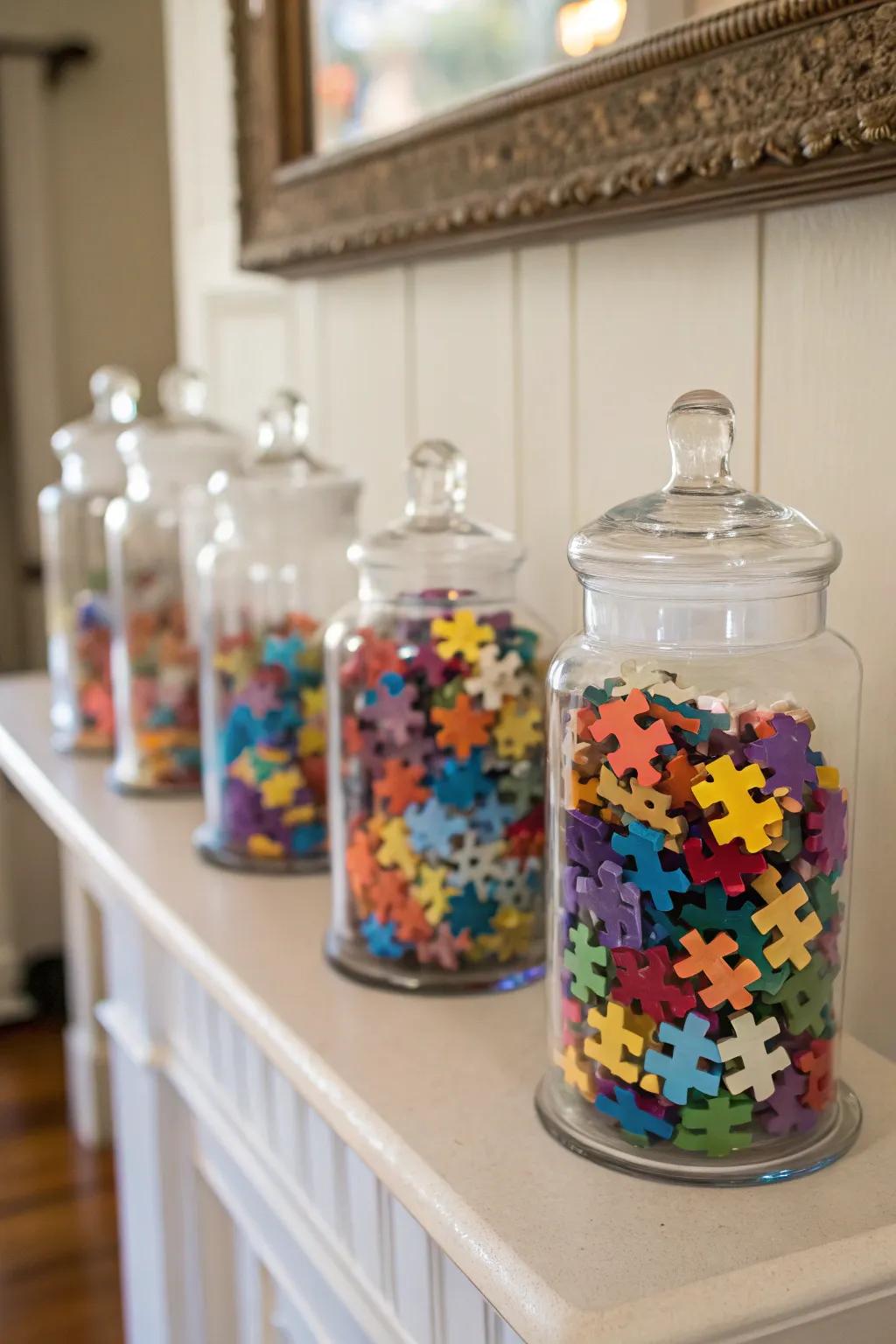 Glass jars stylishly showing mini puzzle pieces.