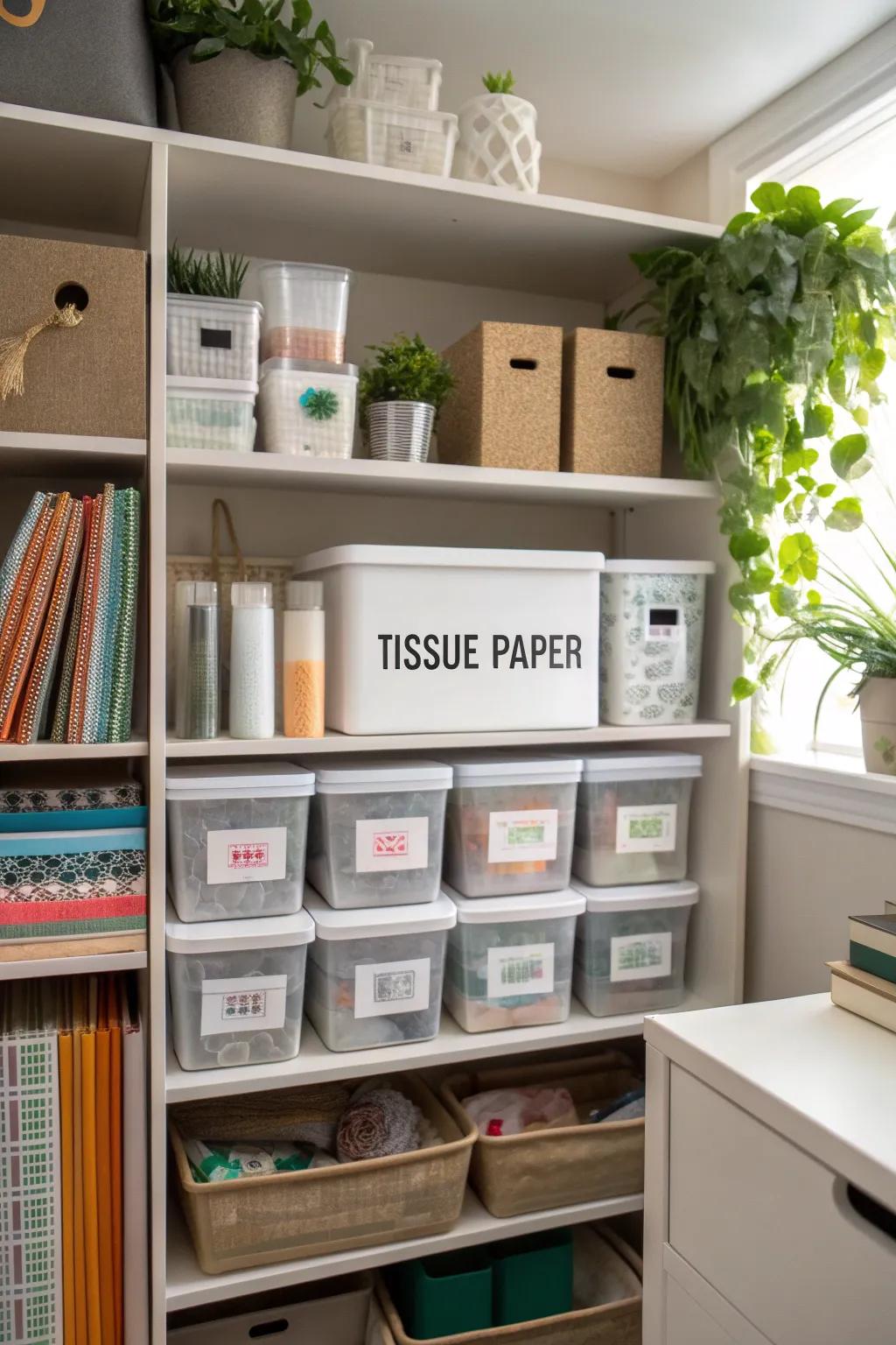 Labelled storage containers make discovering tissue paper uncomplicated.