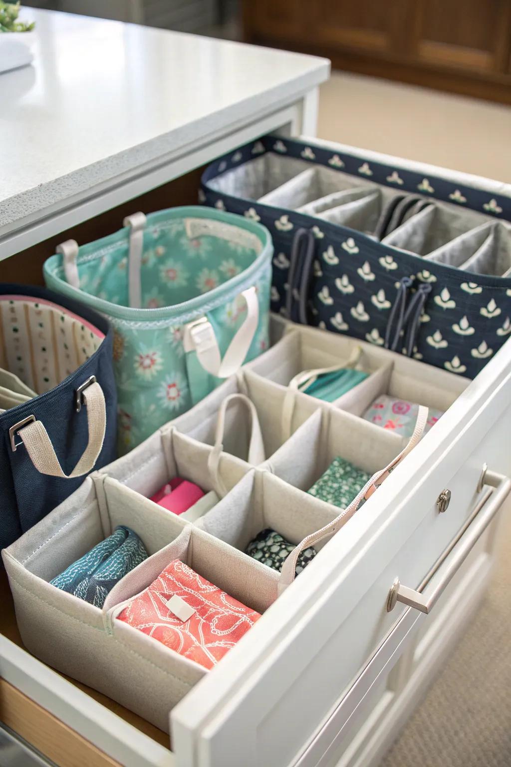 Drawer partitions help maintain order among carryalls.