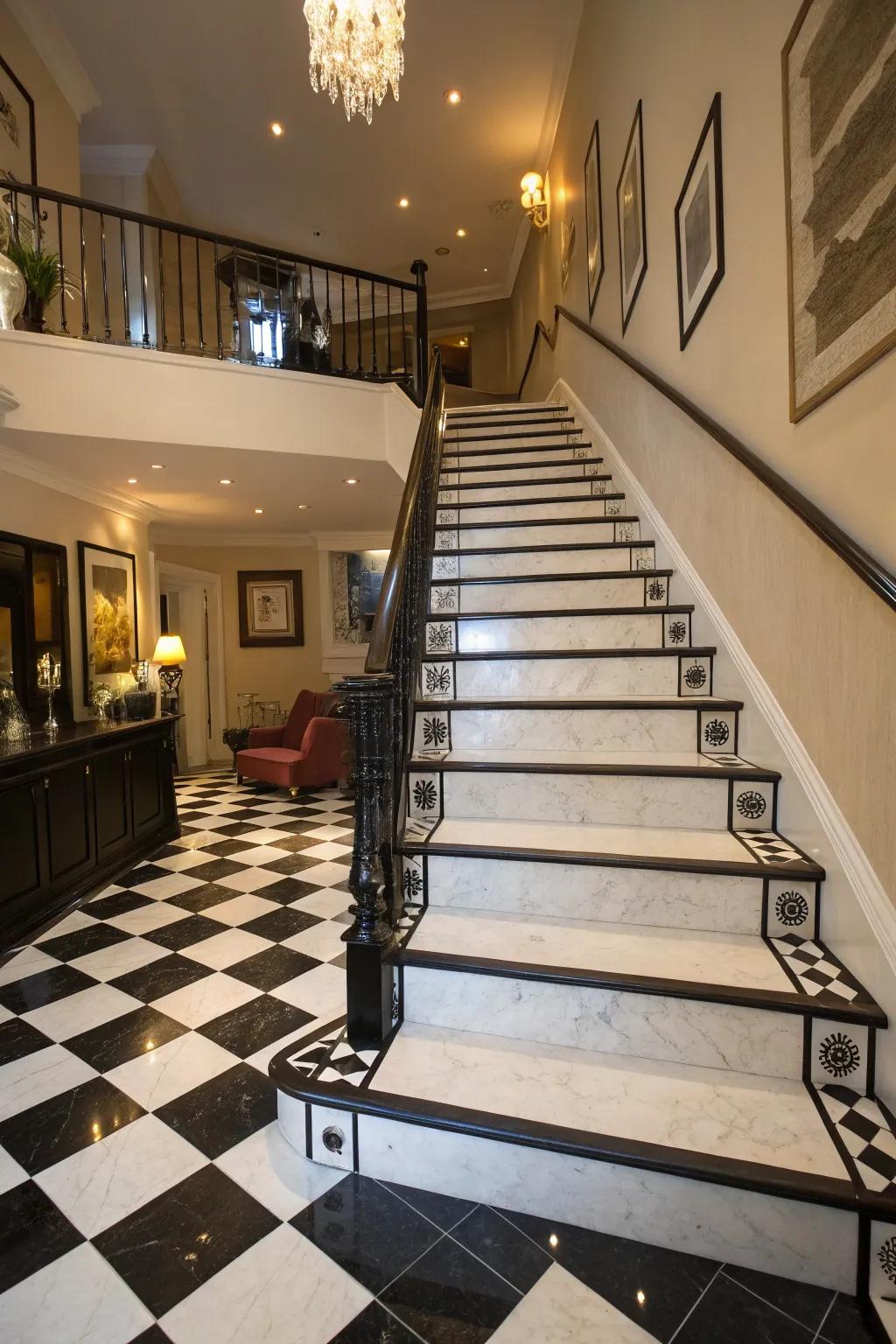 Create a striking impact with black and white stairs.