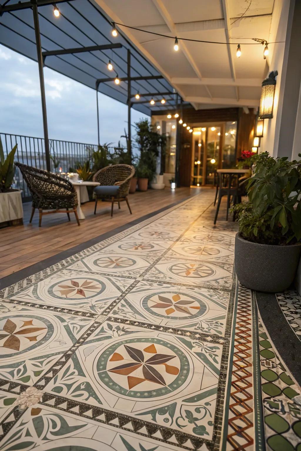 Creative flooring infuses character throughout this indoor deck.