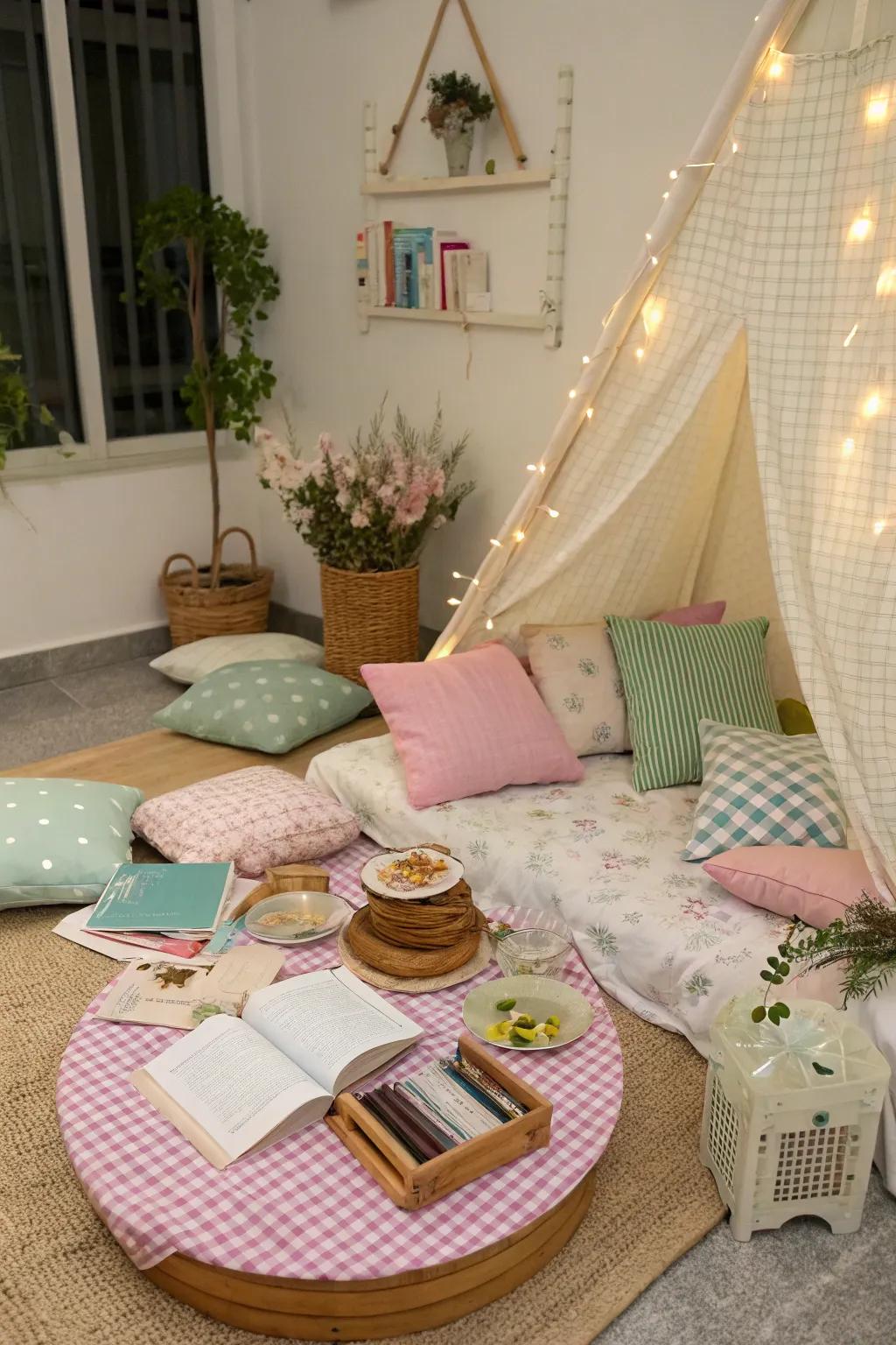A reading space adds a touch of quiet reflection to the picnic.