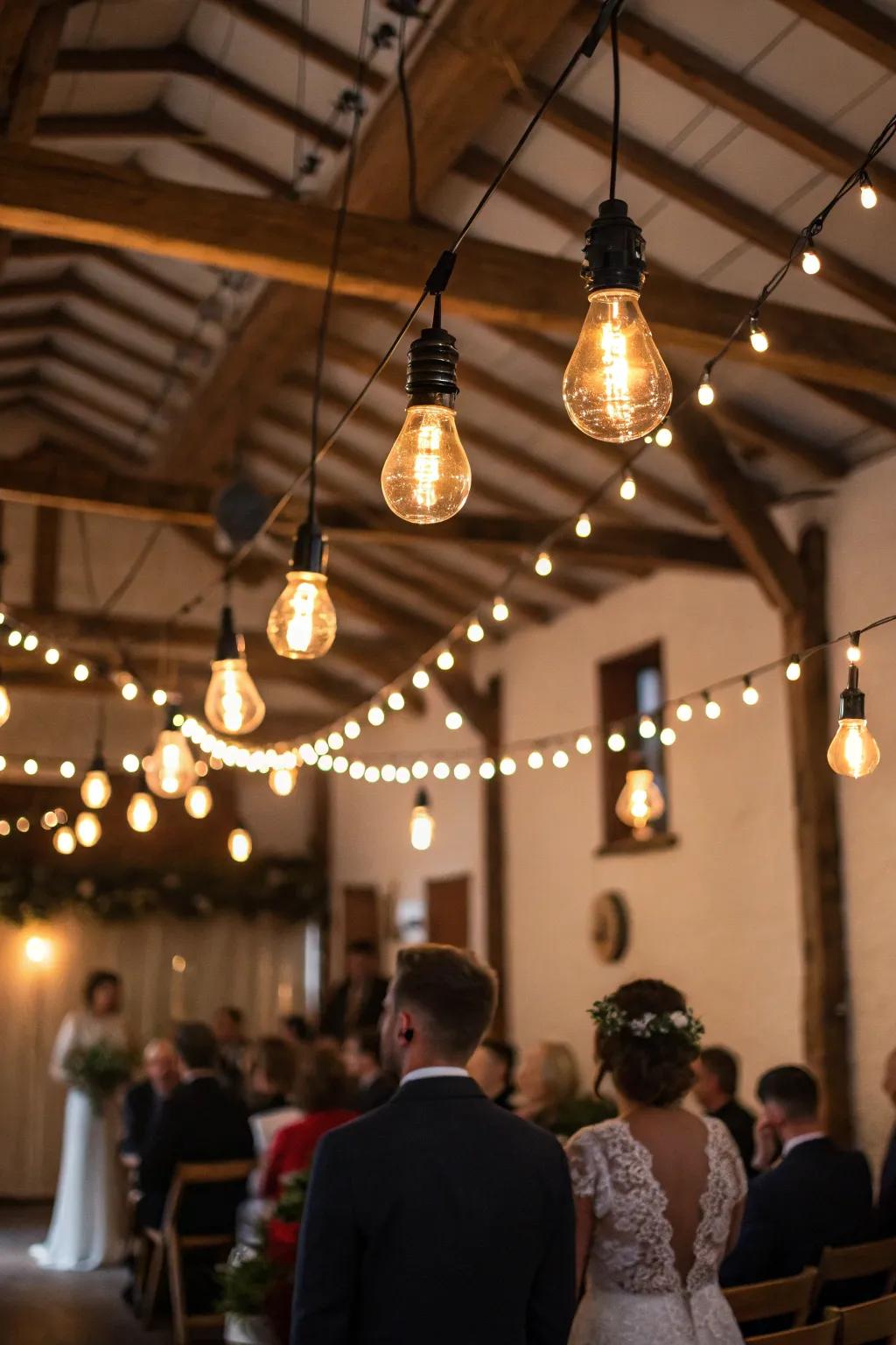Edison bulbs add rustic charm with a modern twist to the wedding.